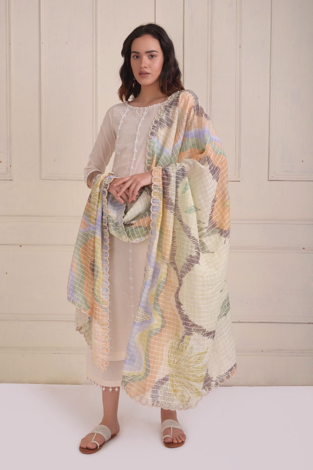 Beadwork kurta with straight cropped pants and printed dupatta