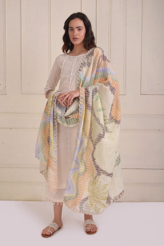 Beadwork kurta with straight cropped pants and printed dupatta