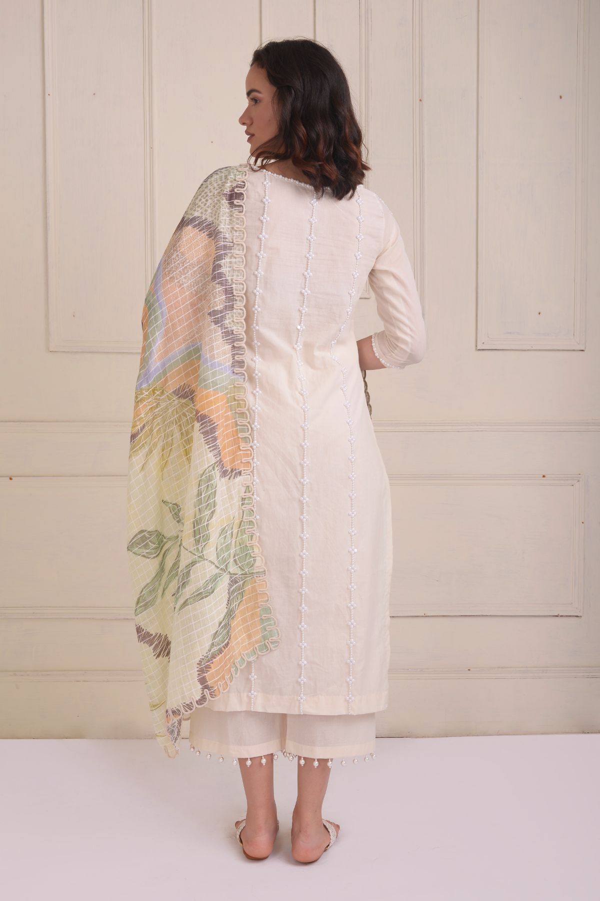 Beadwork kurta with straight cropped pants and printed dupatta