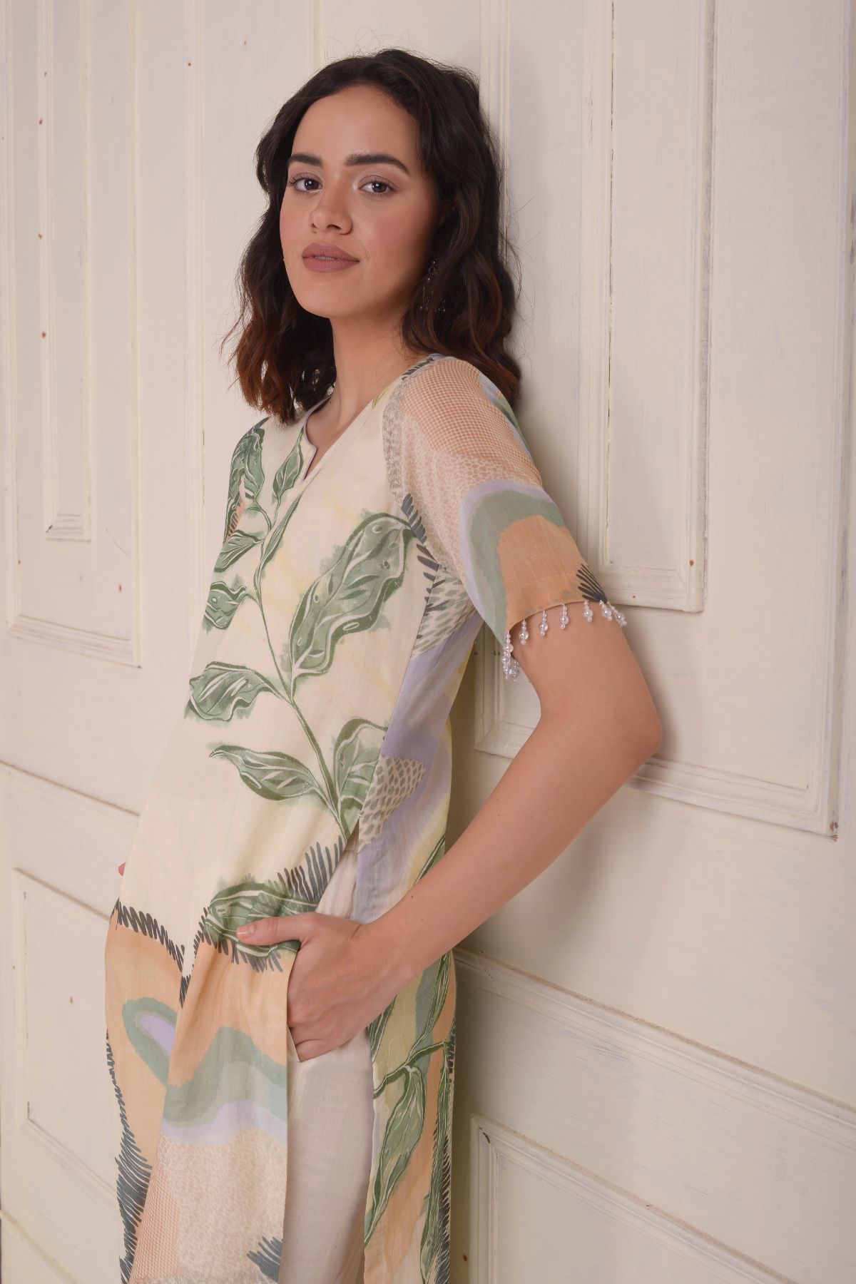Printed kurta with beaded straight cropped pants and dupatta