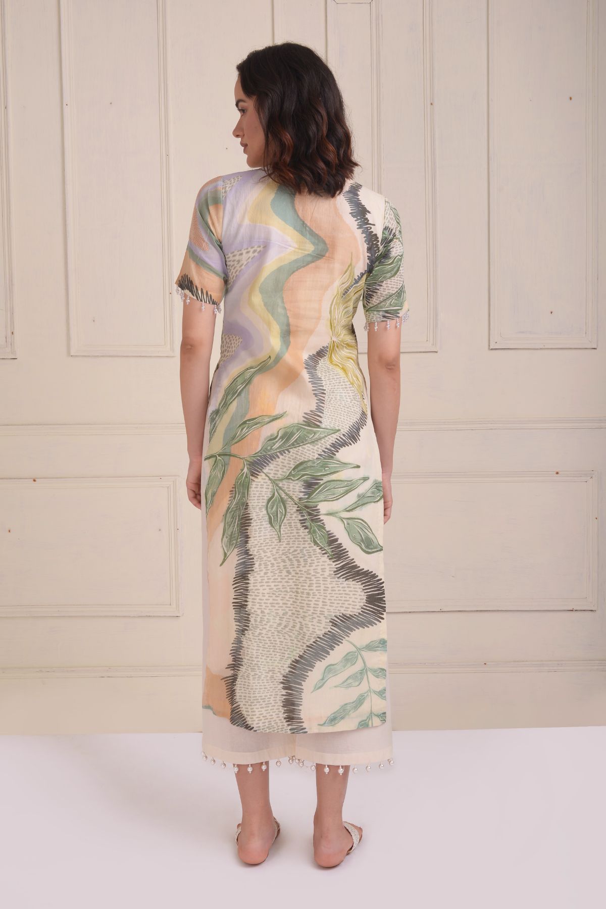 Printed kurta with beaded straight cropped pants and dupatta