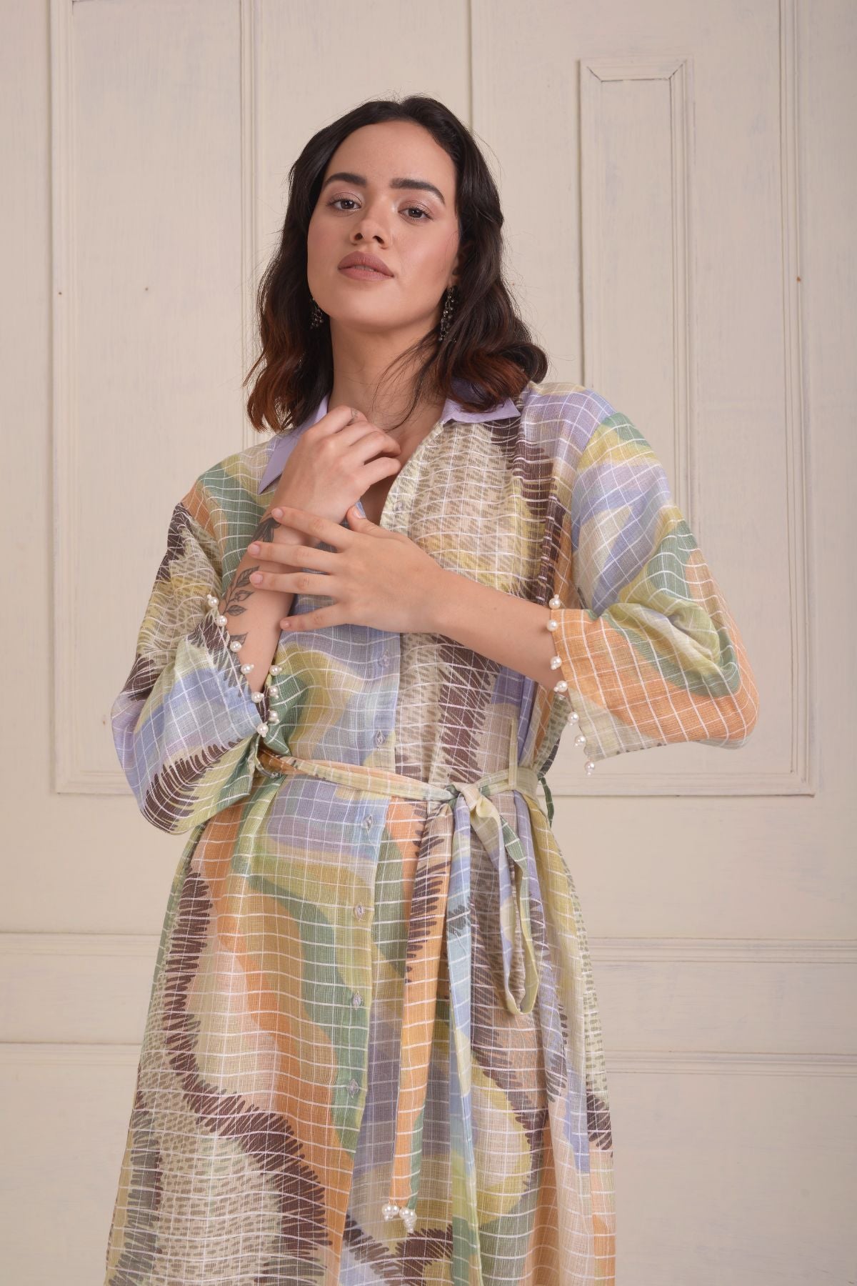 Printed checkered  shirt dress