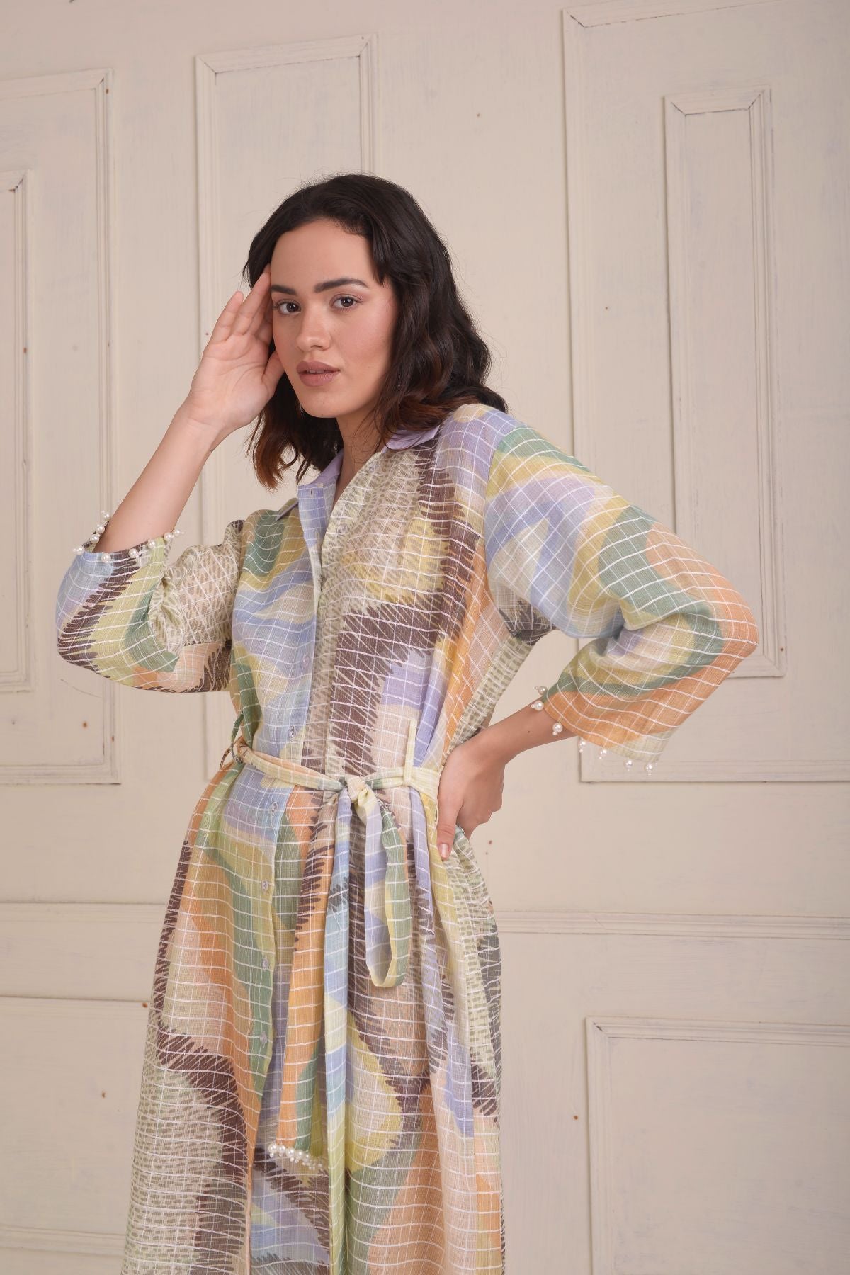 Printed checkered  shirt dress