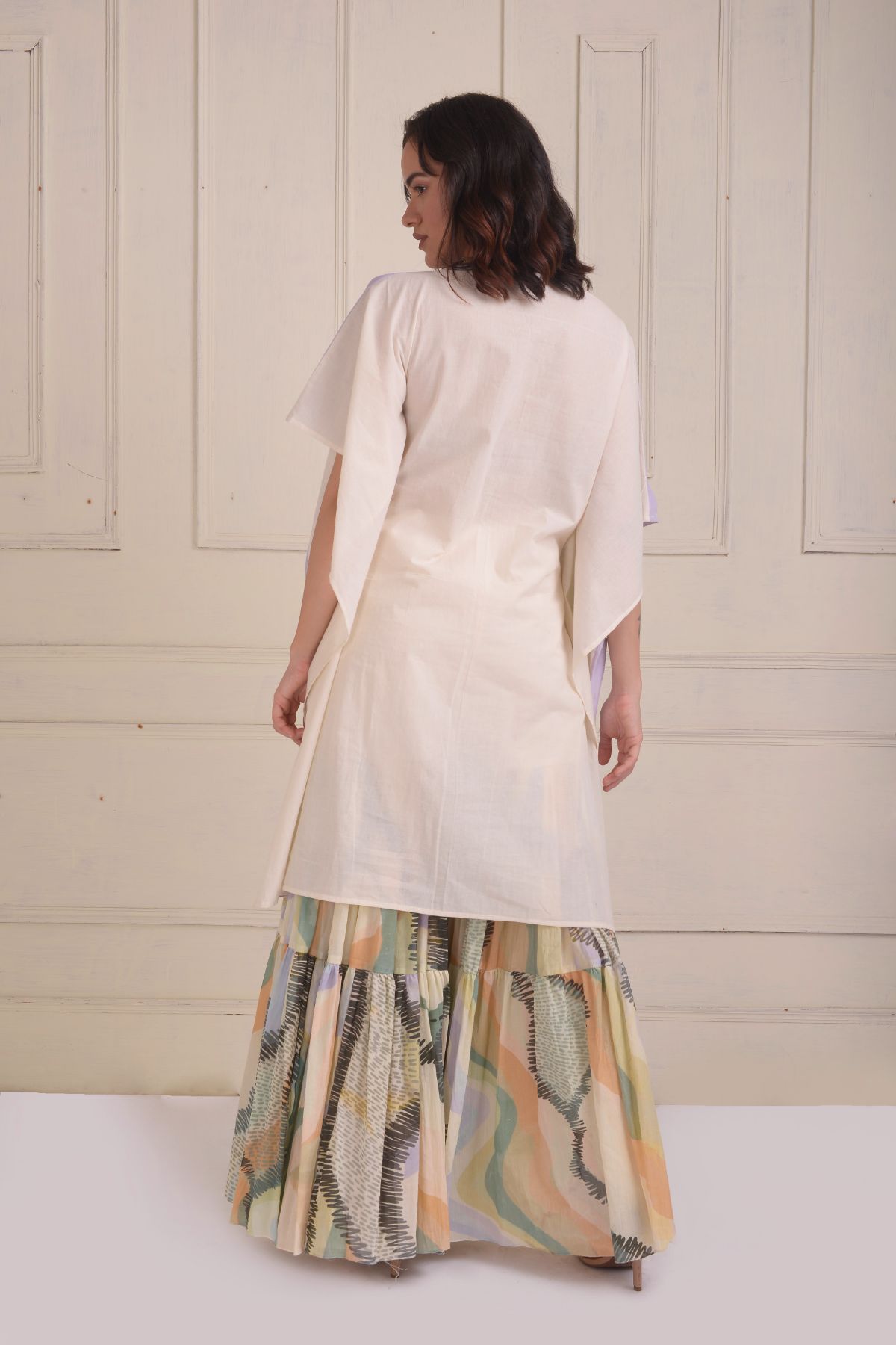 Patchwork scarf tunic with a printed tiered sharara