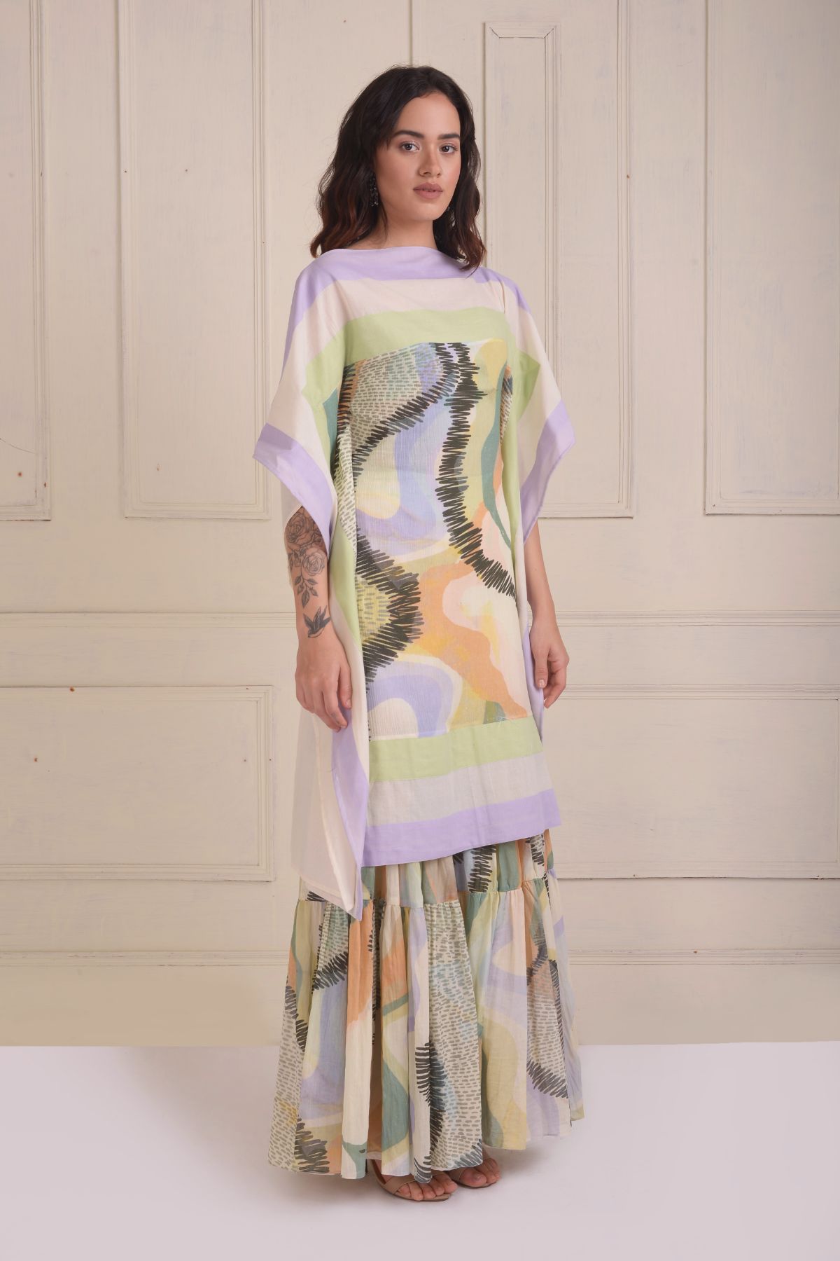 Patchwork scarf tunic with a printed tiered sharara
