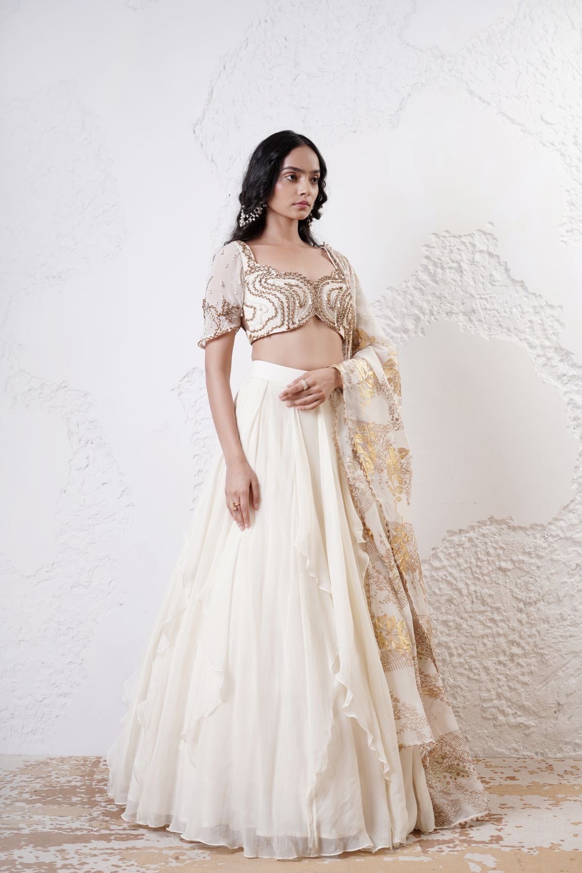 Ruffled Lehenga with Embroidered Blouse and Foil Dupatta