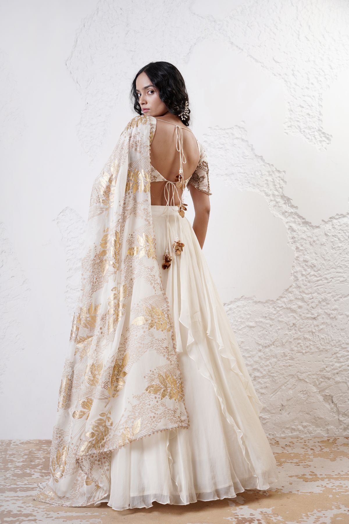 Ruffled Lehenga with Embroidered Blouse and Foil Dupatta