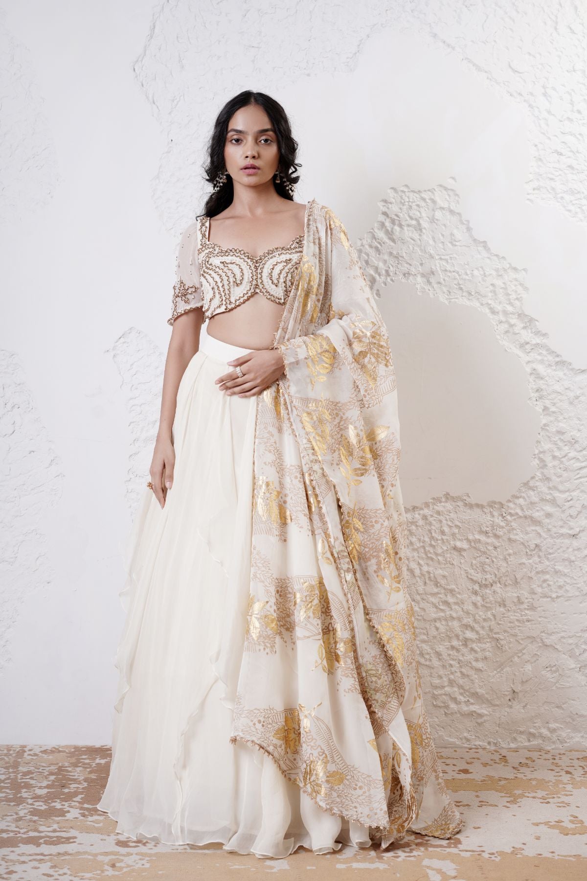 Ruffled Lehenga with Embroidered Blouse and Foil Dupatta