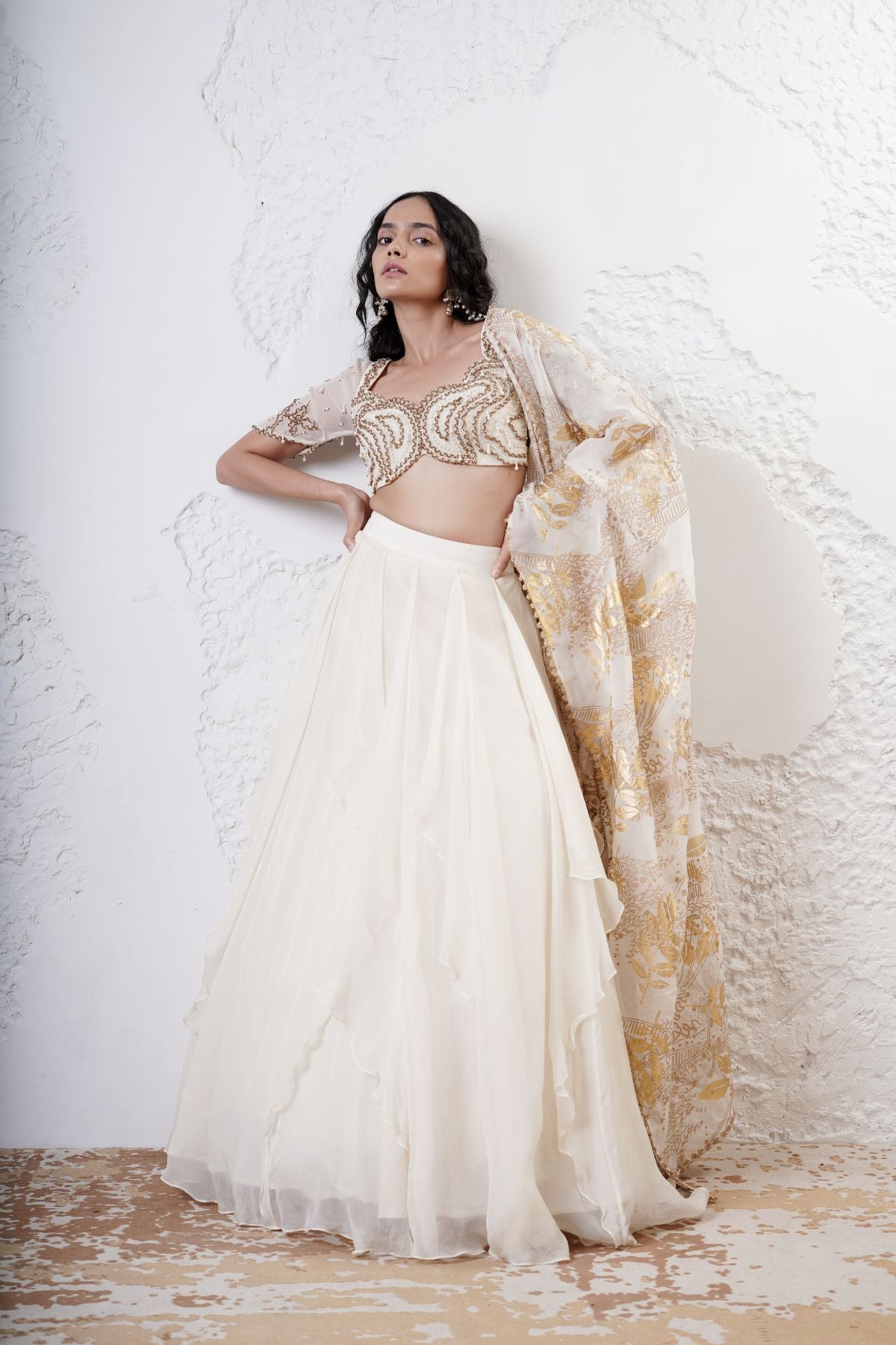 Ruffled Lehenga with Embroidered Blouse and Foil Dupatta