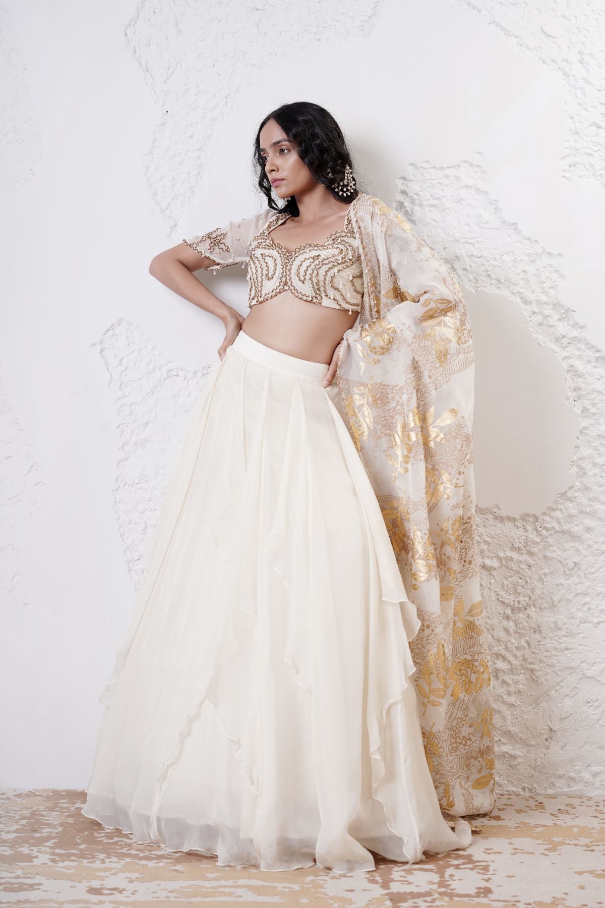 Ruffled Lehenga with Embroidered Blouse and Foil Dupatta