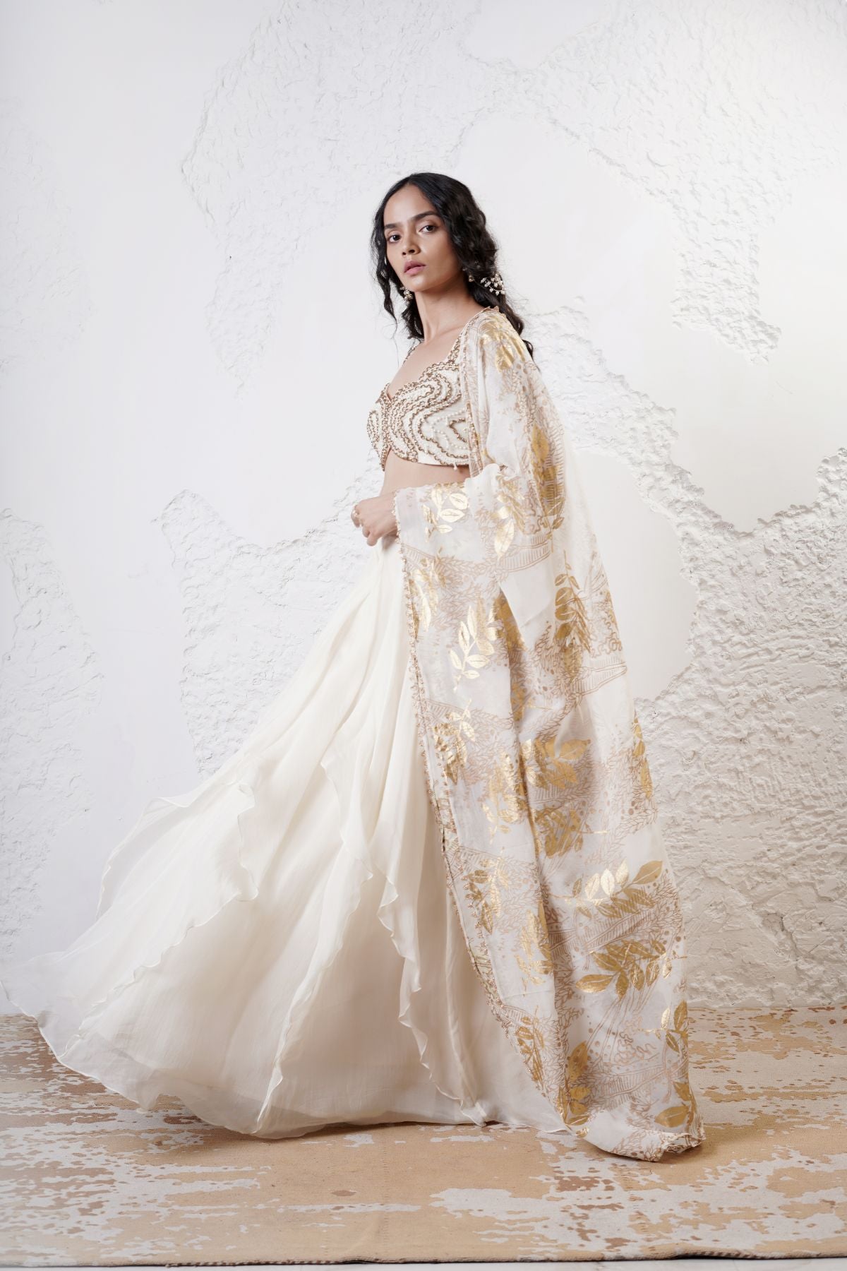 Ruffled Lehenga with Embroidered Blouse and Foil Dupatta