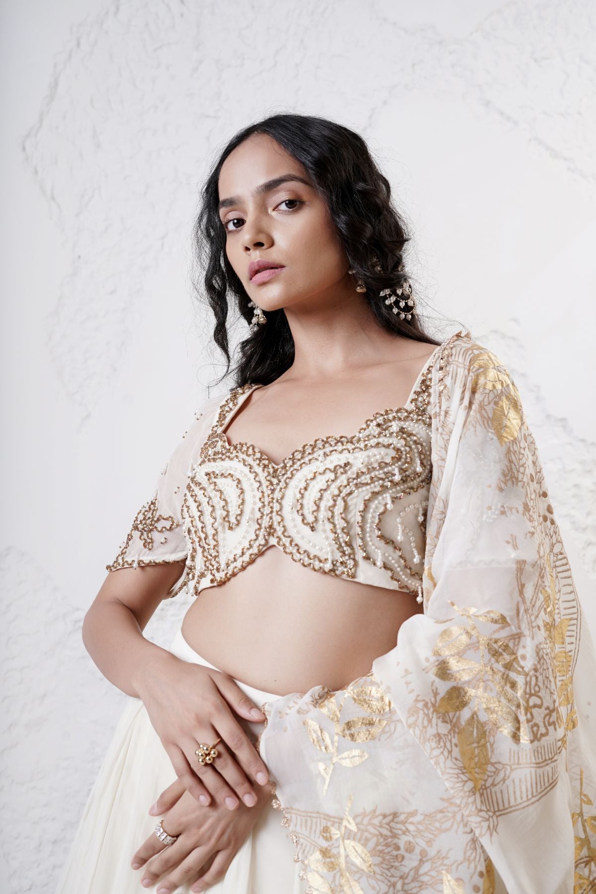 Ruffled Lehenga with Embroidered Blouse and Foil Dupatta