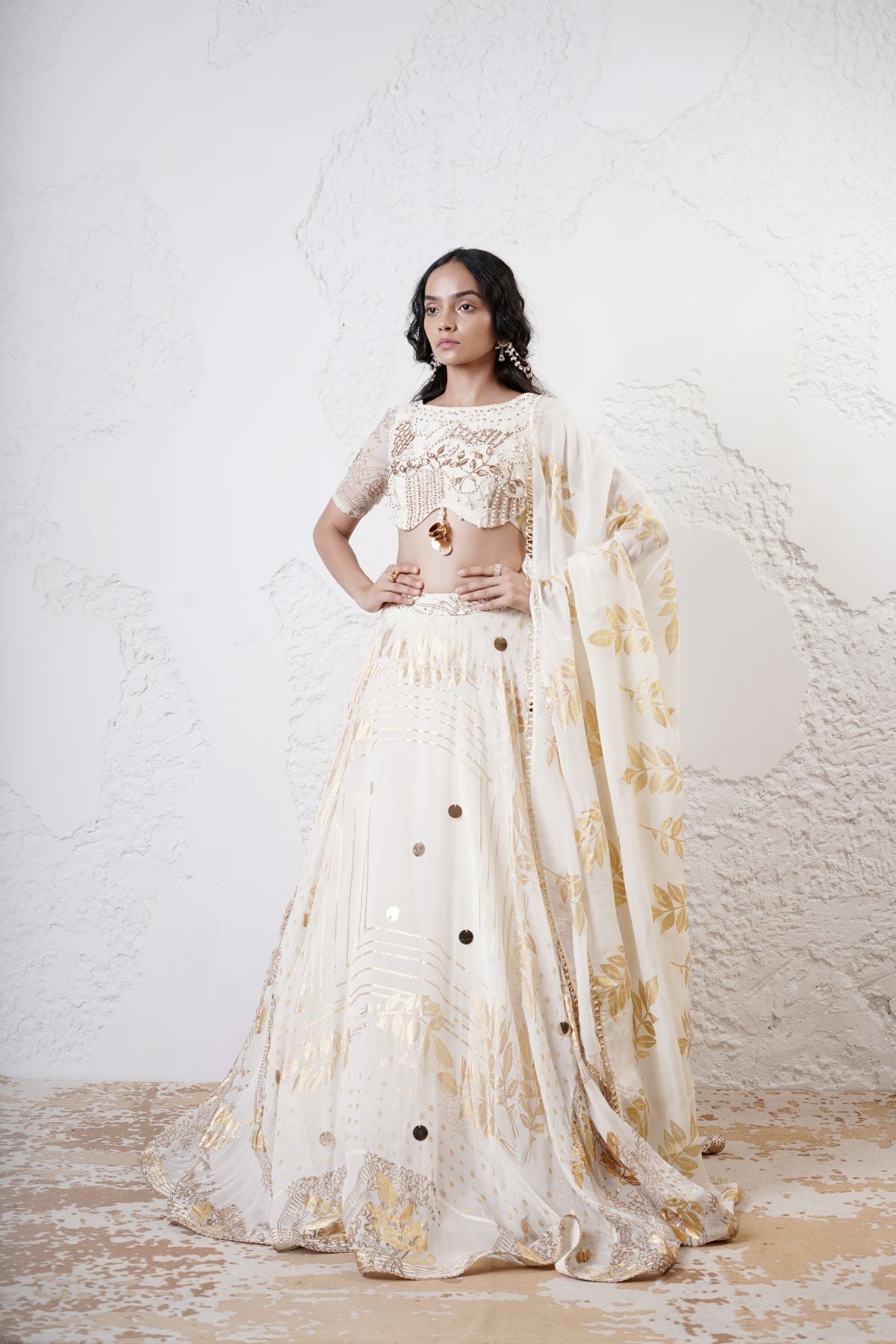 Foil Scarf Lehenga with Embroidered Blouse and Foil Dupatta