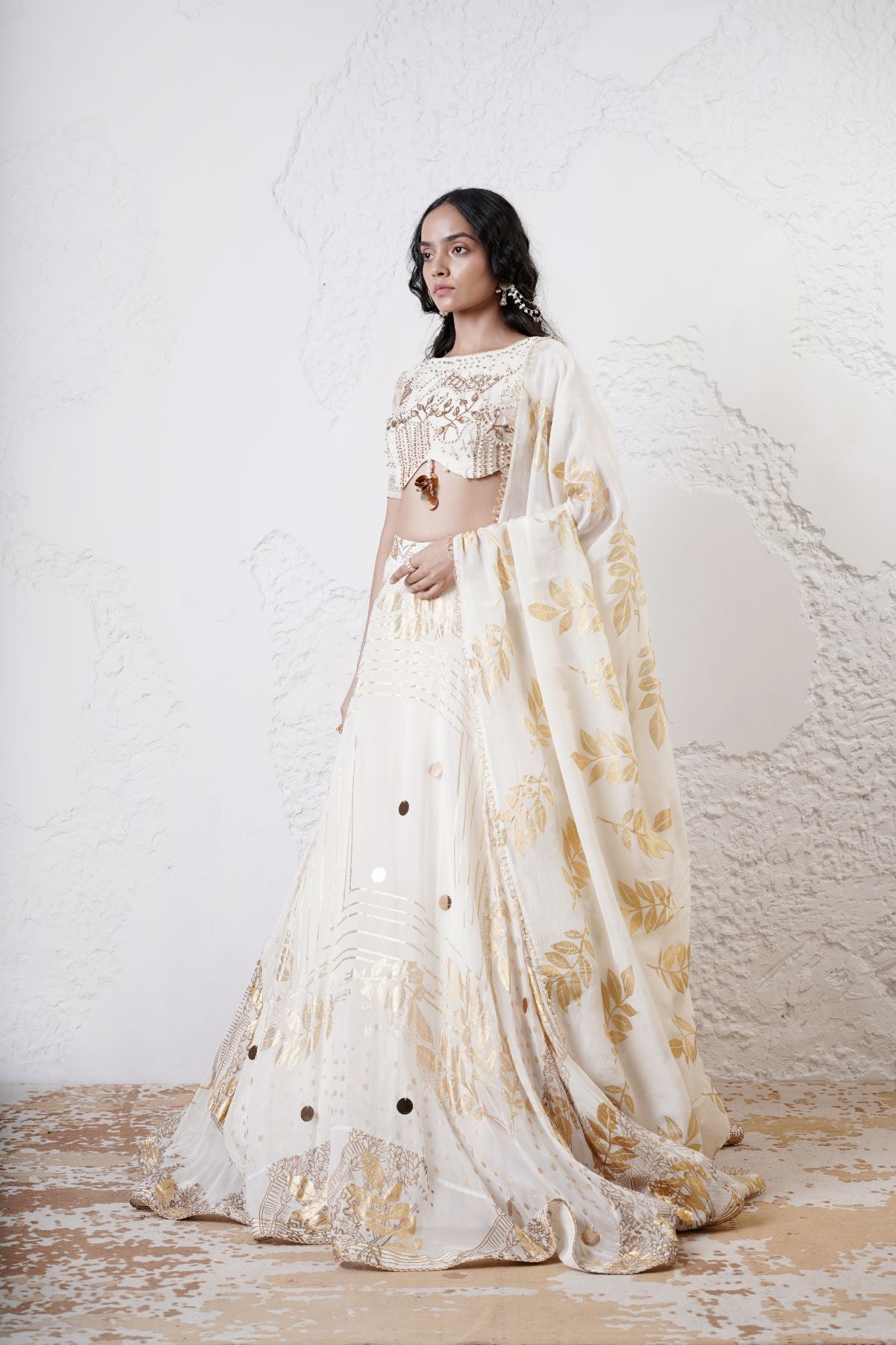 Foil Scarf Lehenga with Embroidered Blouse and Foil Dupatta