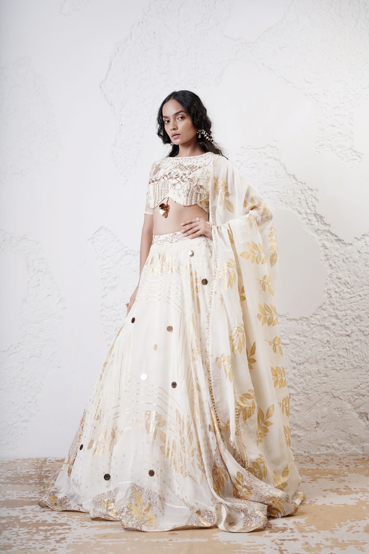 Foil Scarf Lehenga with Embroidered Blouse and Foil Dupatta