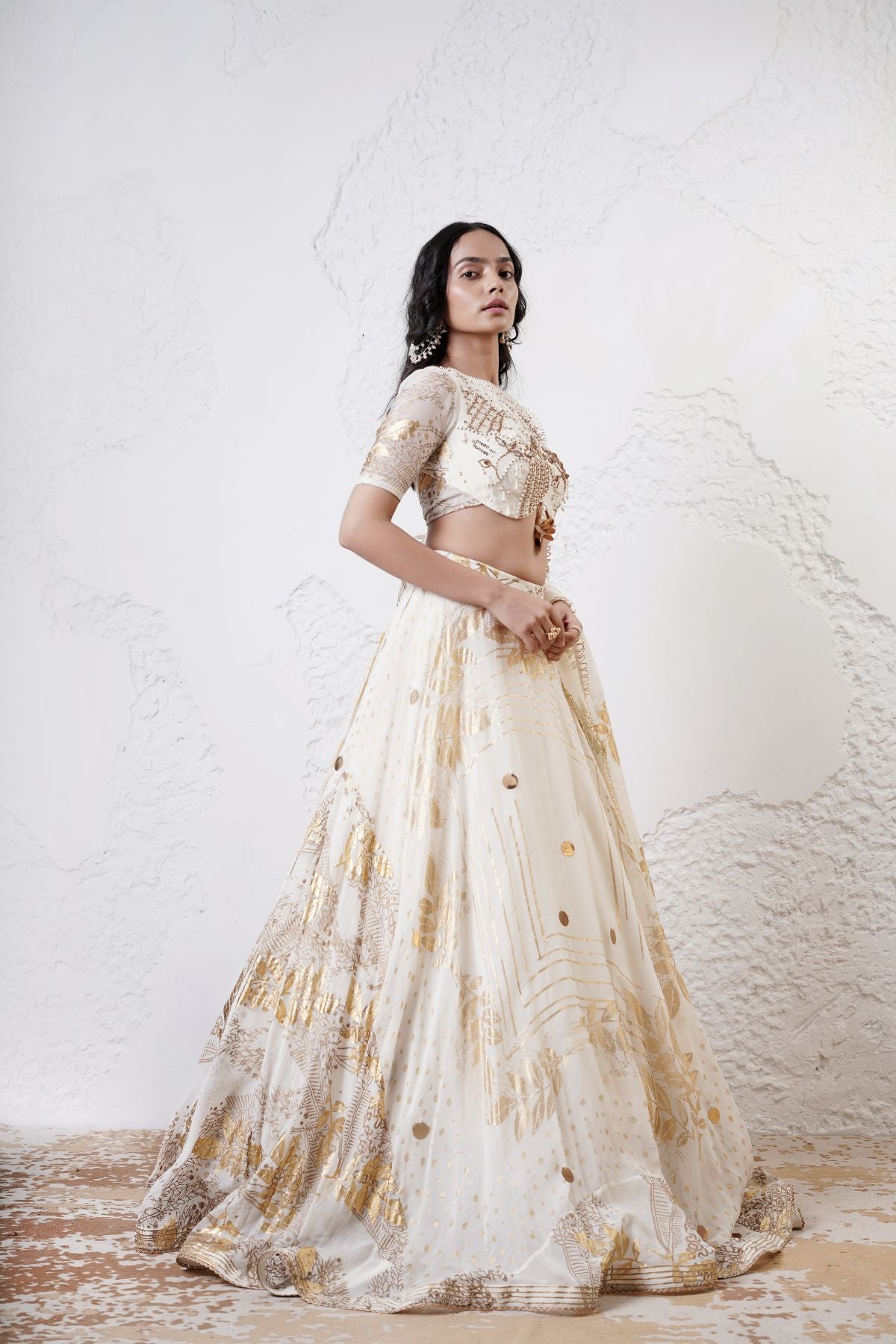 Foil Scarf Lehenga with Embroidered Blouse and Foil Dupatta