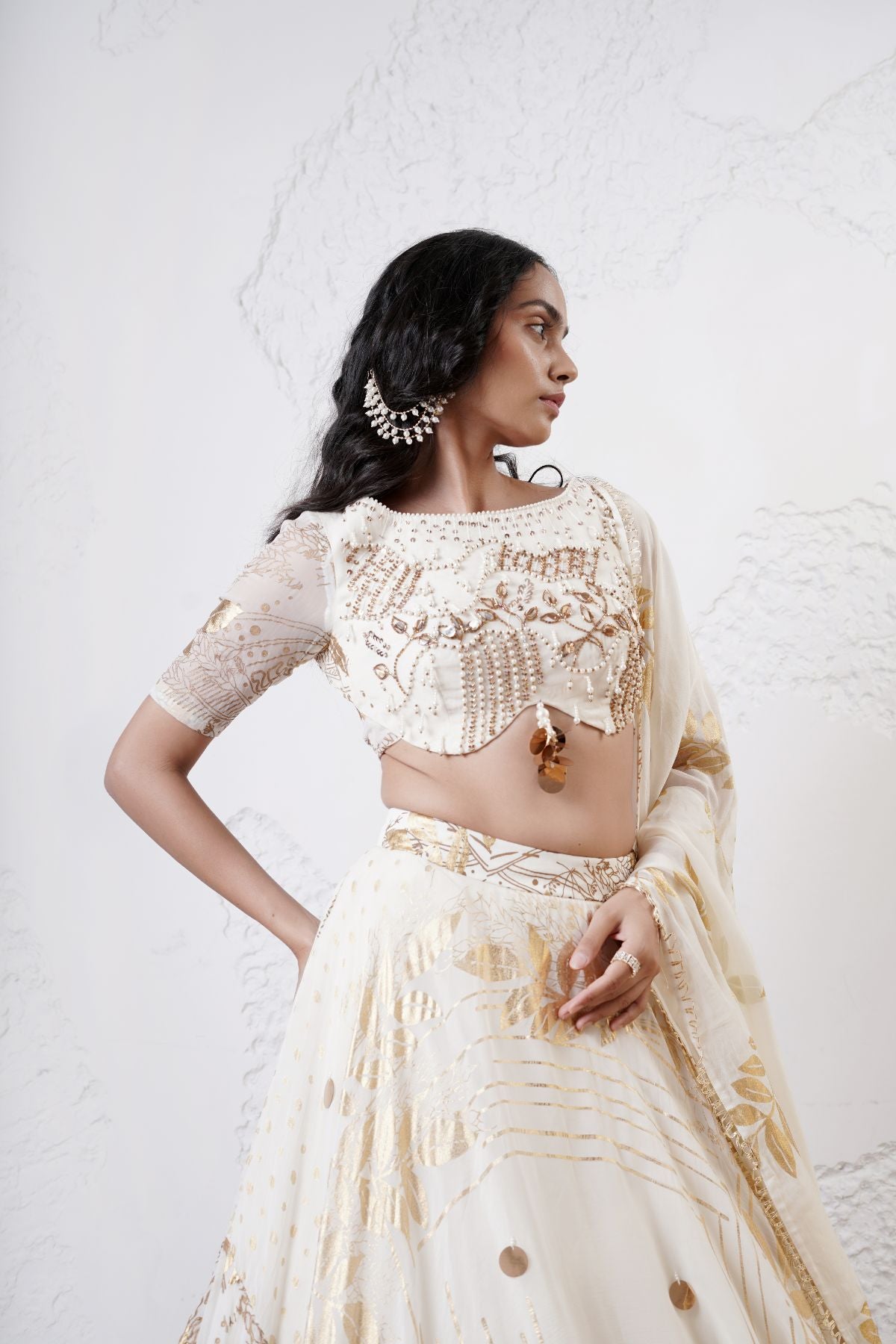 Foil Scarf Lehenga with Embroidered Blouse and Foil Dupatta