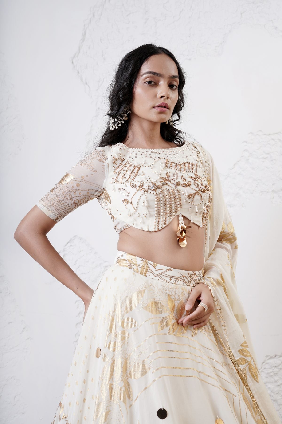 Foil Scarf Lehenga with Embroidered Blouse and Foil Dupatta