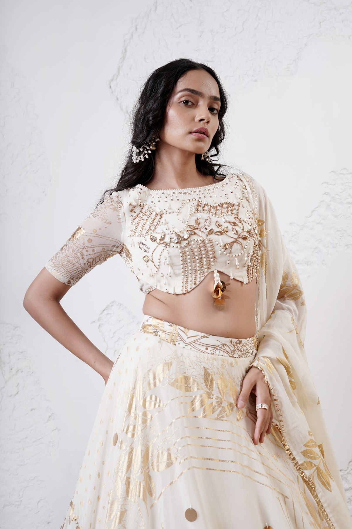 Foil Scarf Lehenga with Embroidered Blouse and Foil Dupatta