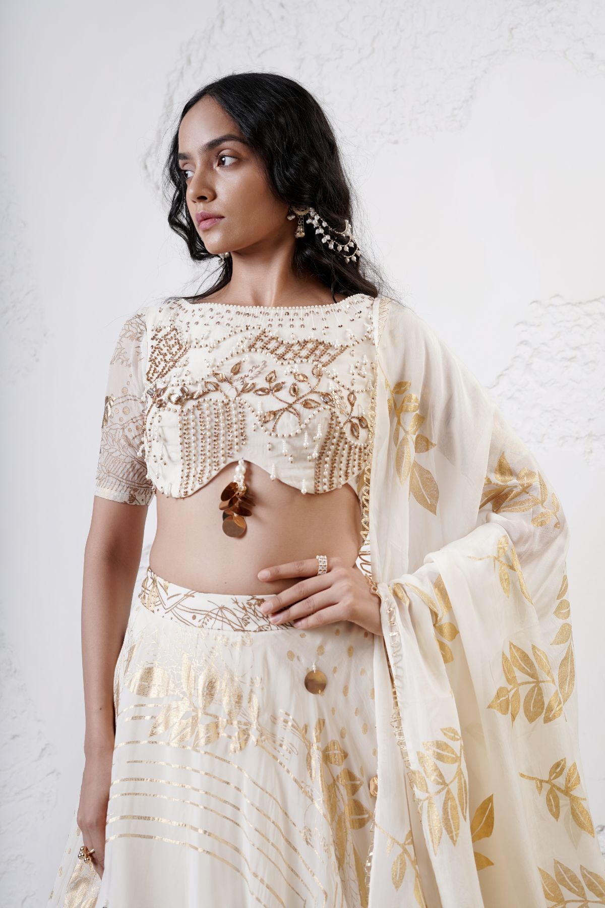 Foil Scarf Lehenga with Embroidered Blouse and Foil Dupatta