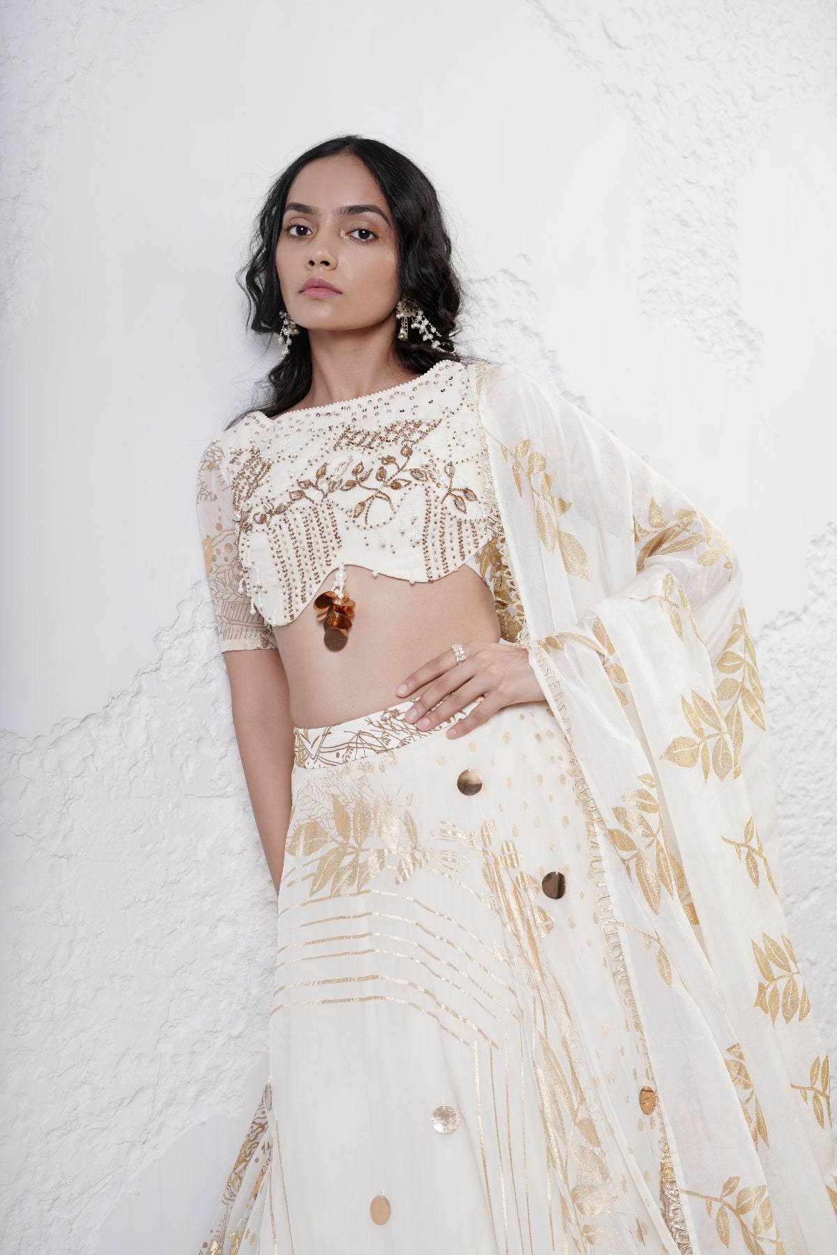 Foil Scarf Lehenga with Embroidered Blouse and Foil Dupatta