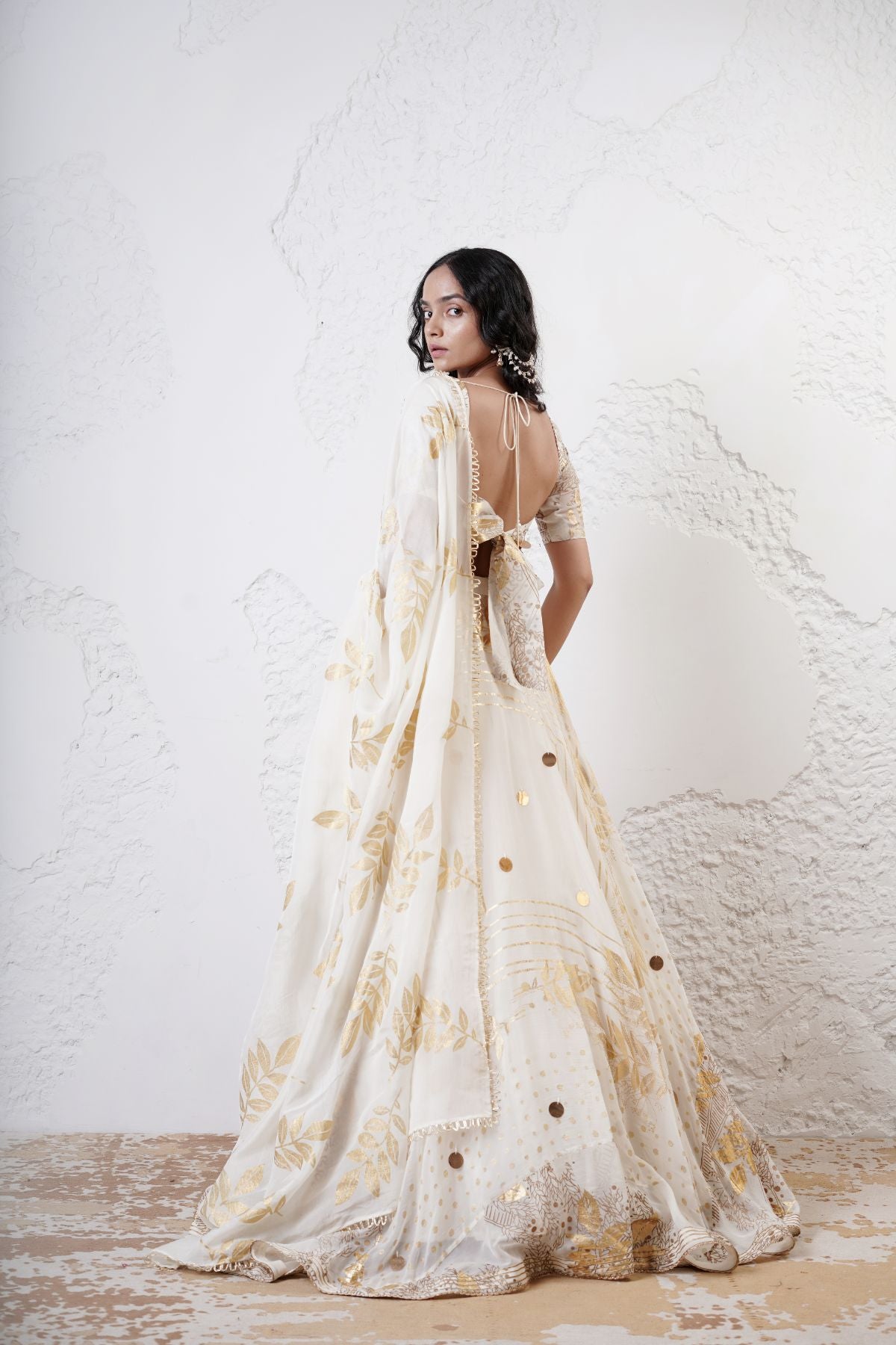 Foil Scarf Lehenga with Embroidered Blouse and Foil Dupatta