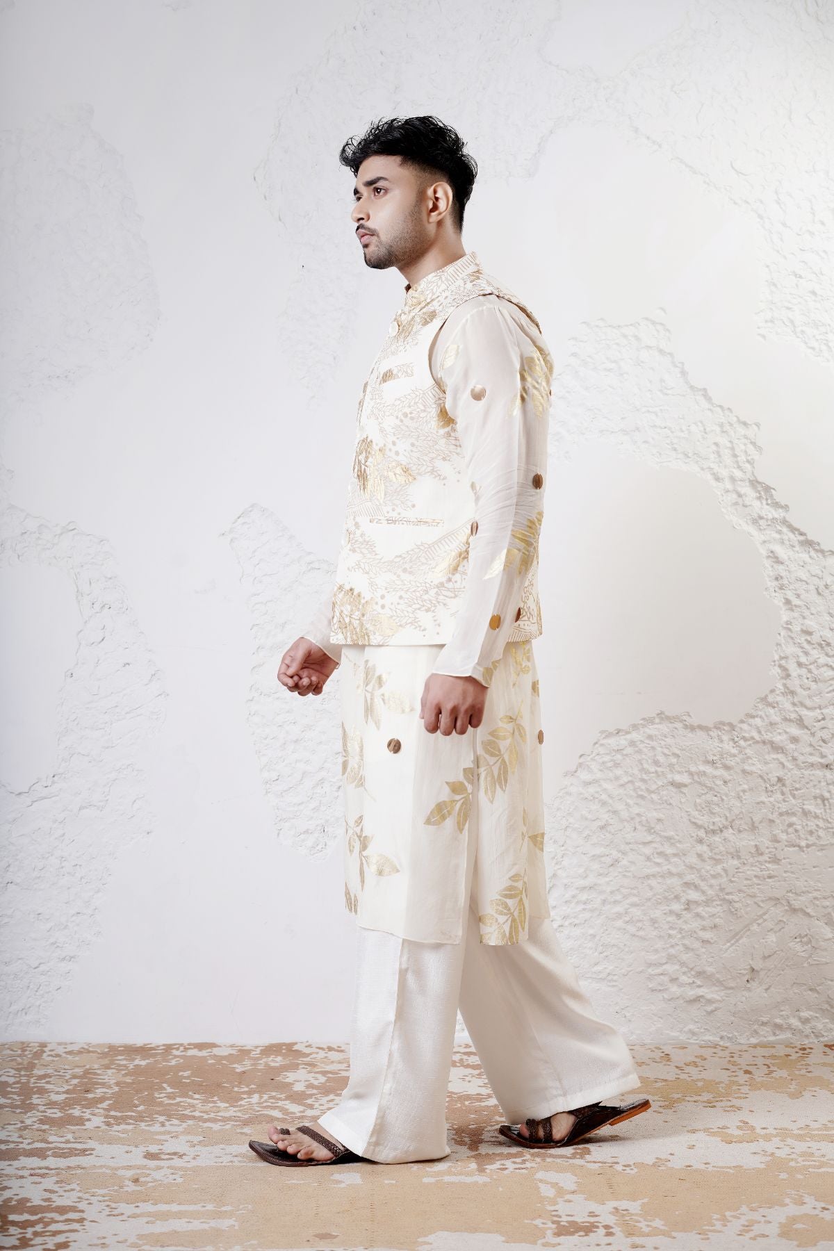 Foil Nehru Jacket with Leaf Kurta and Straight Pants