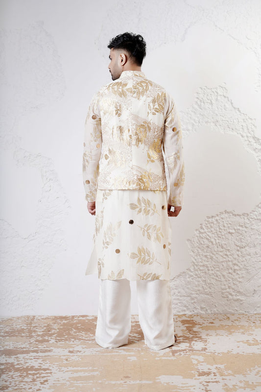 Foil Nehru Jacket with Leaf Kurta and Straight Pants