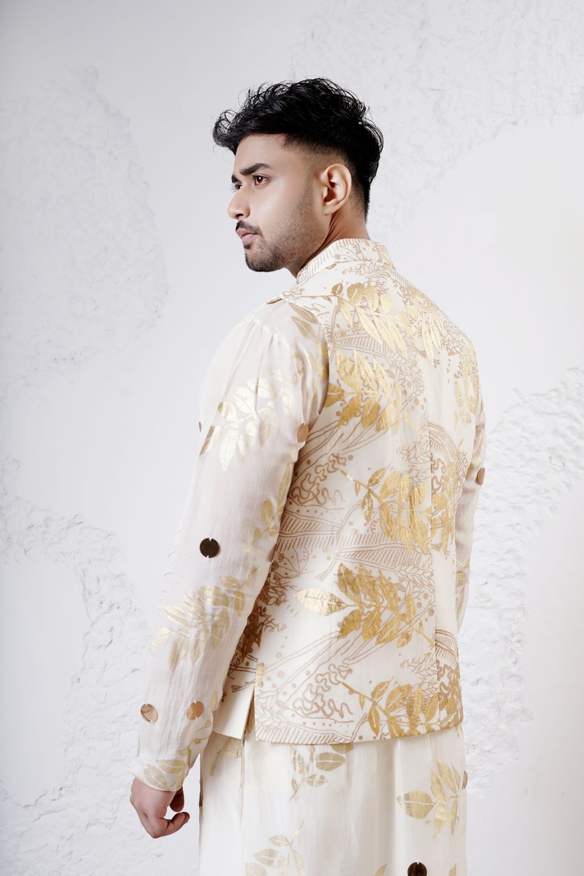 Foil Nehru Jacket with Leaf Kurta and Straight Pants