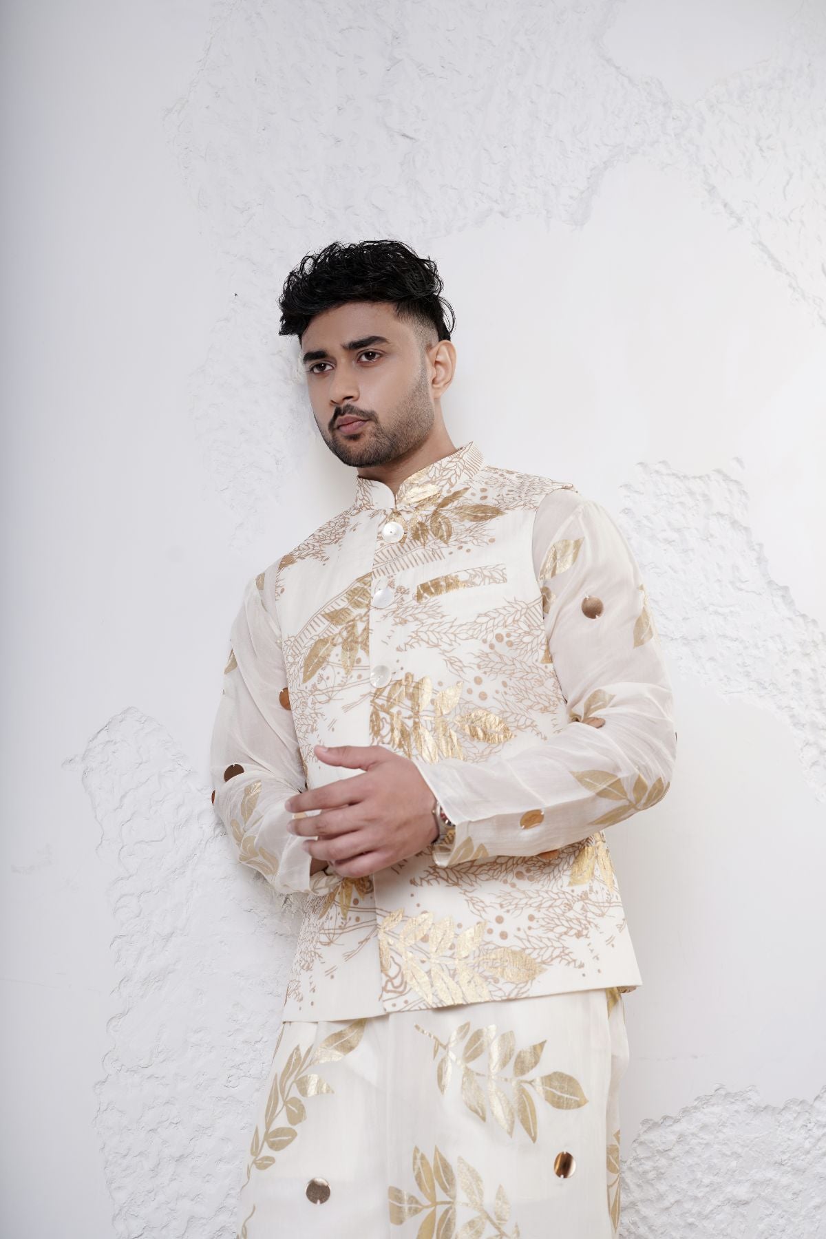 Foil Nehru Jacket with Leaf Kurta and Straight Pants