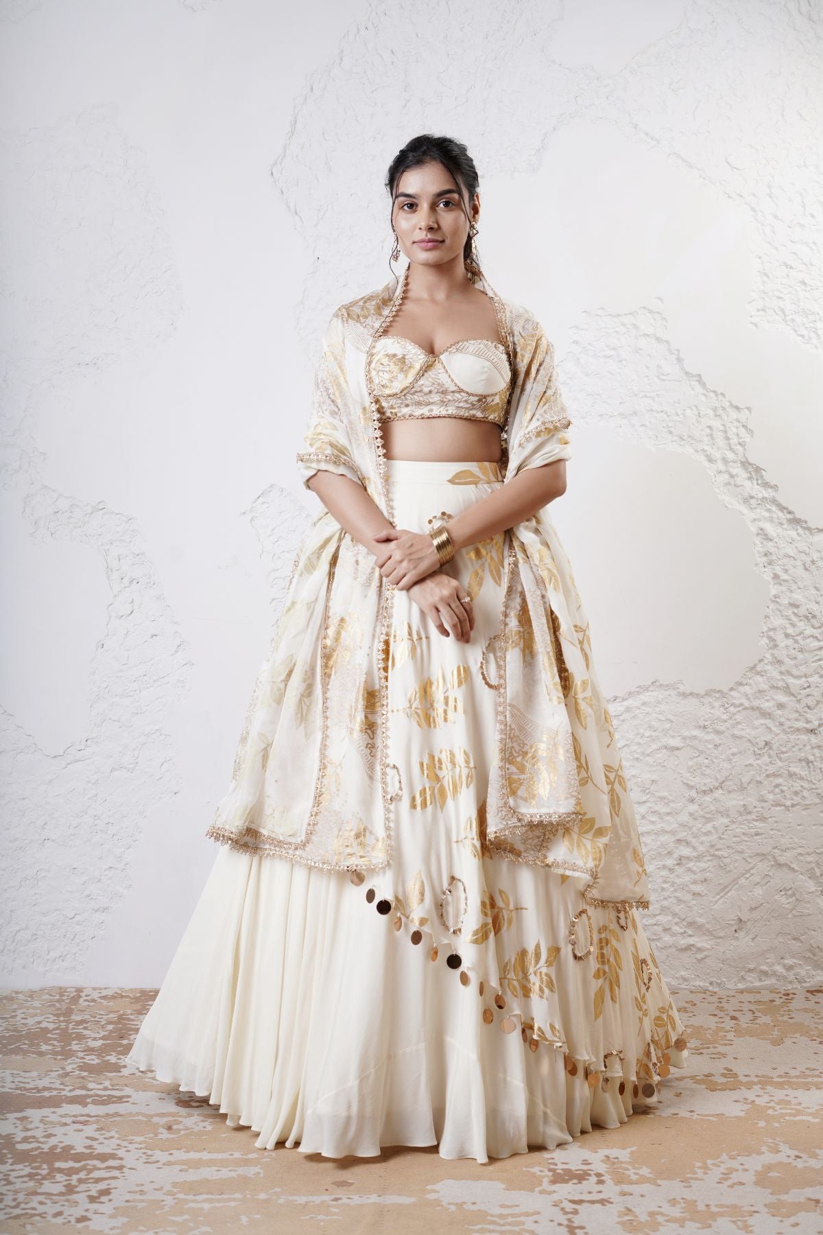 Layered Leaf Asymmetric Lehenga with Foil Choli and Foil Dupatta