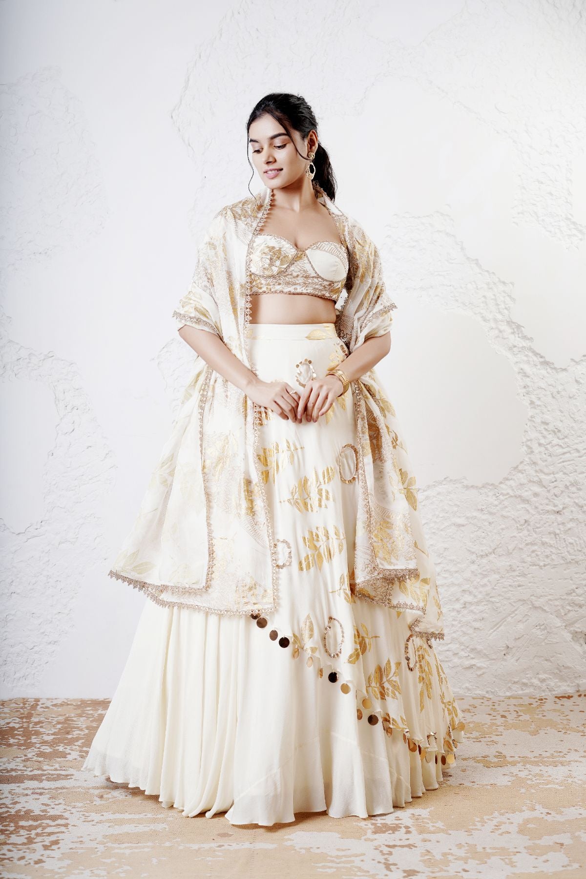 Layered Leaf Asymmetric Lehenga with Foil Choli and Foil Dupatta