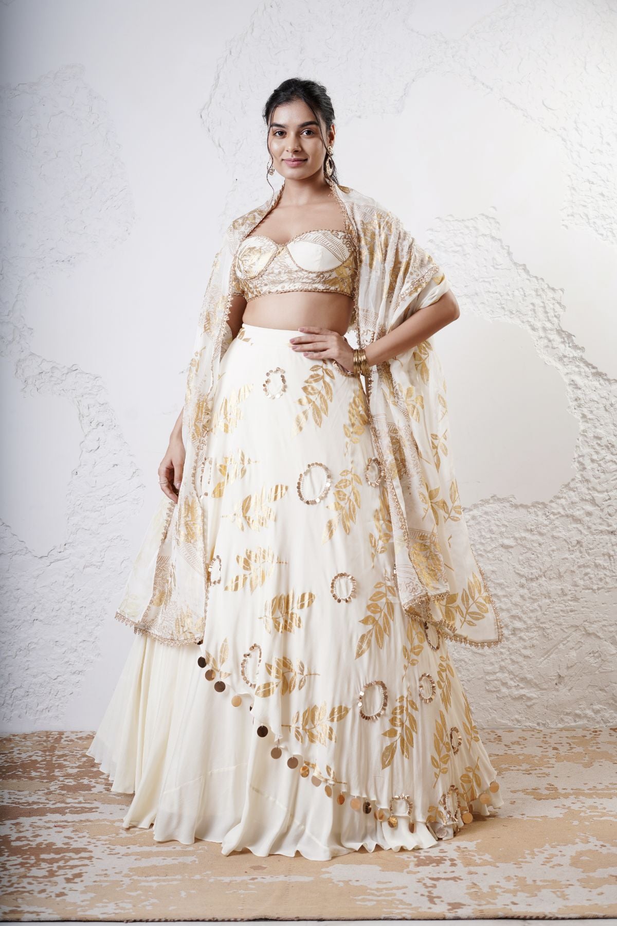 Layered Leaf Asymmetric Lehenga with Foil Choli and Foil Dupatta