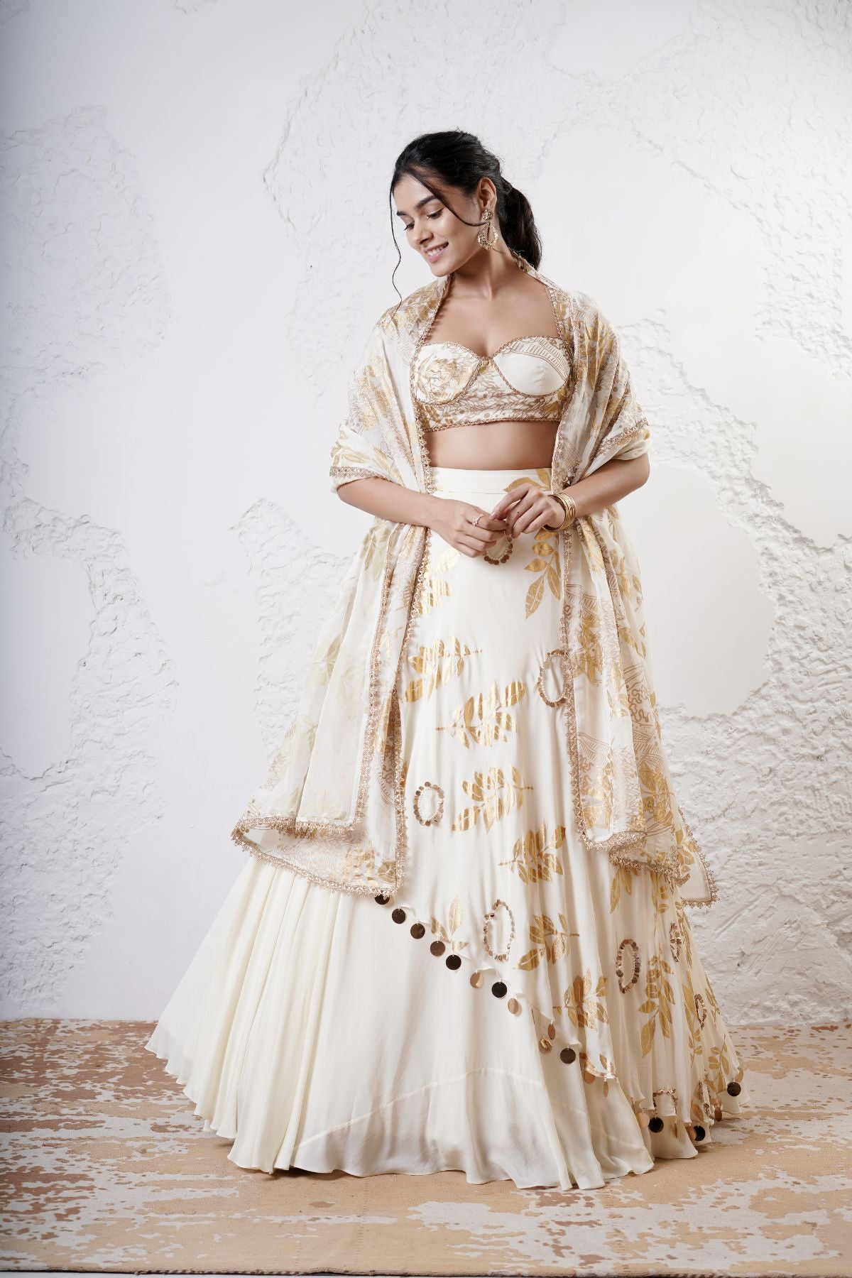 Layered Leaf Asymmetric Lehenga with Foil Choli and Foil Dupatta