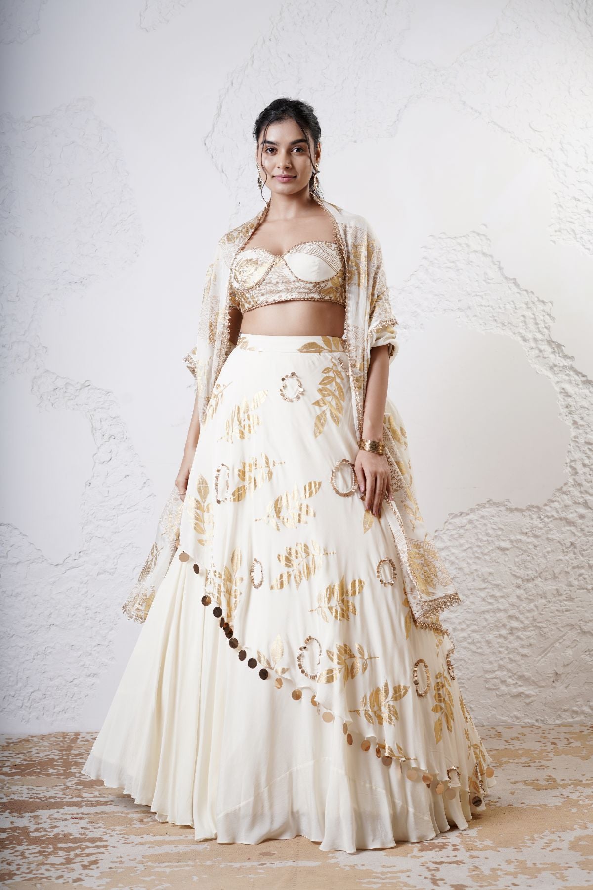 Layered Leaf Asymmetric Lehenga with Foil Choli and Foil Dupatta