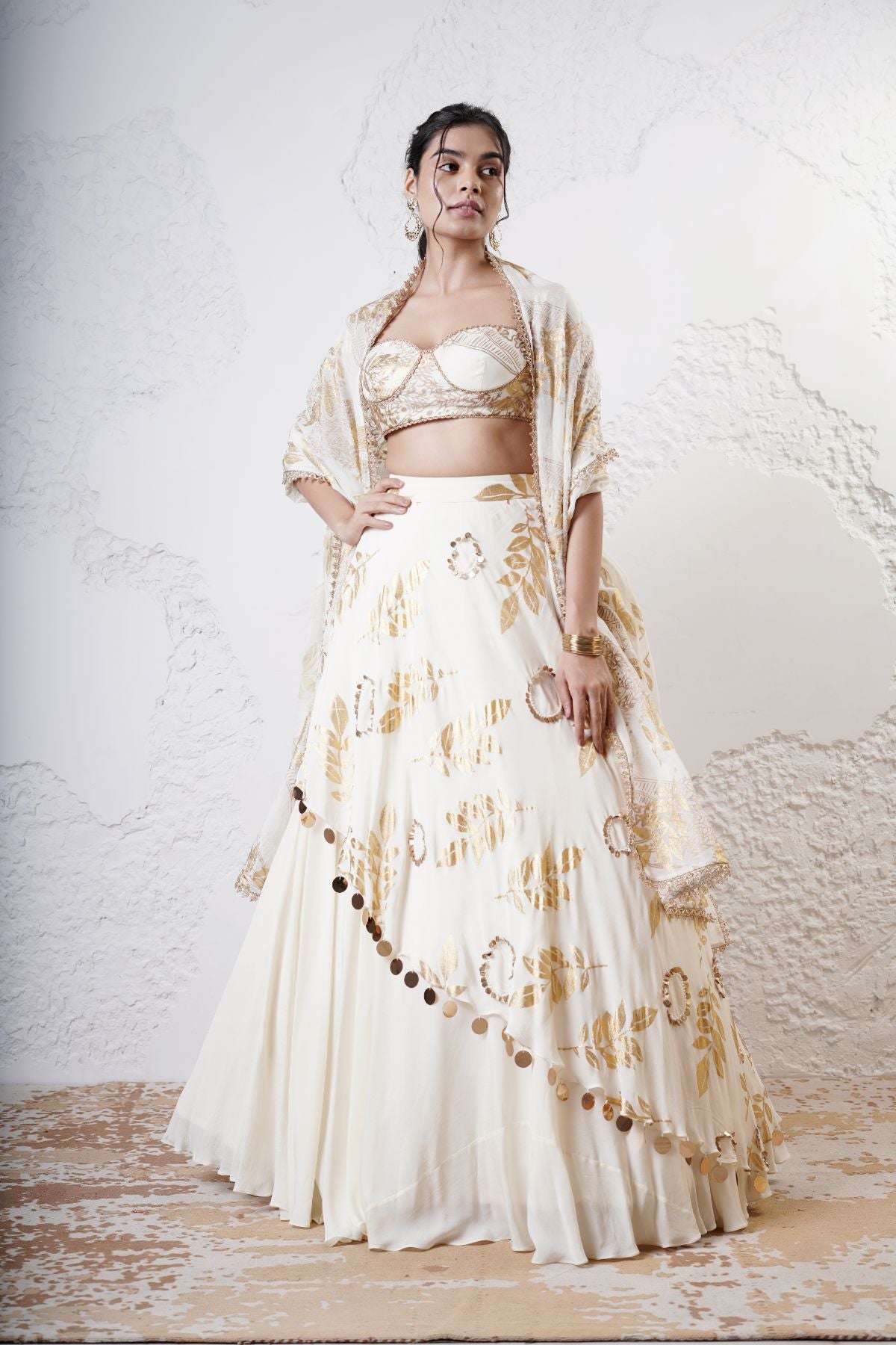 Layered Leaf Asymmetric Lehenga with Foil Choli and Foil Dupatta