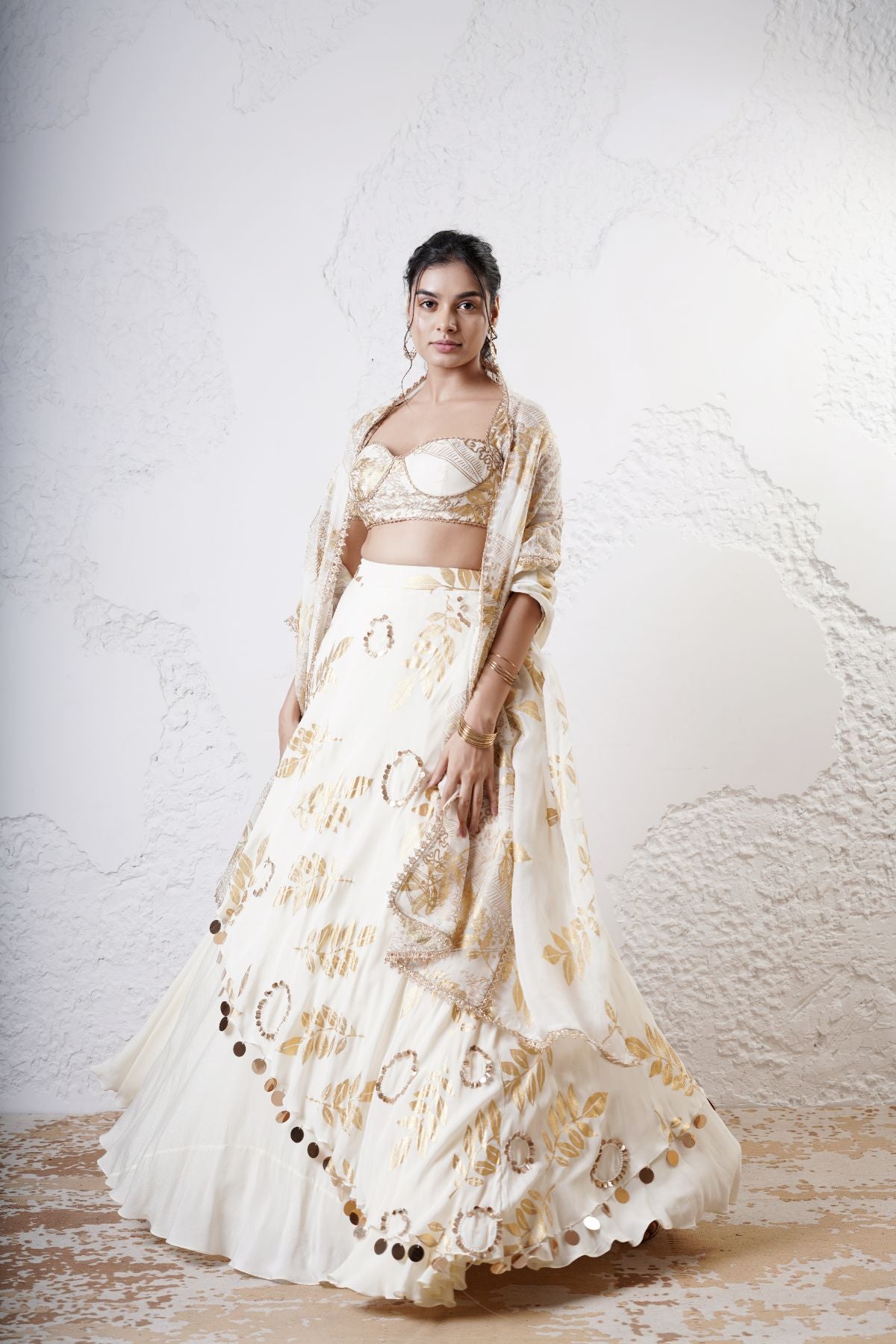 Layered Leaf Asymmetric Lehenga with Foil Choli and Foil Dupatta