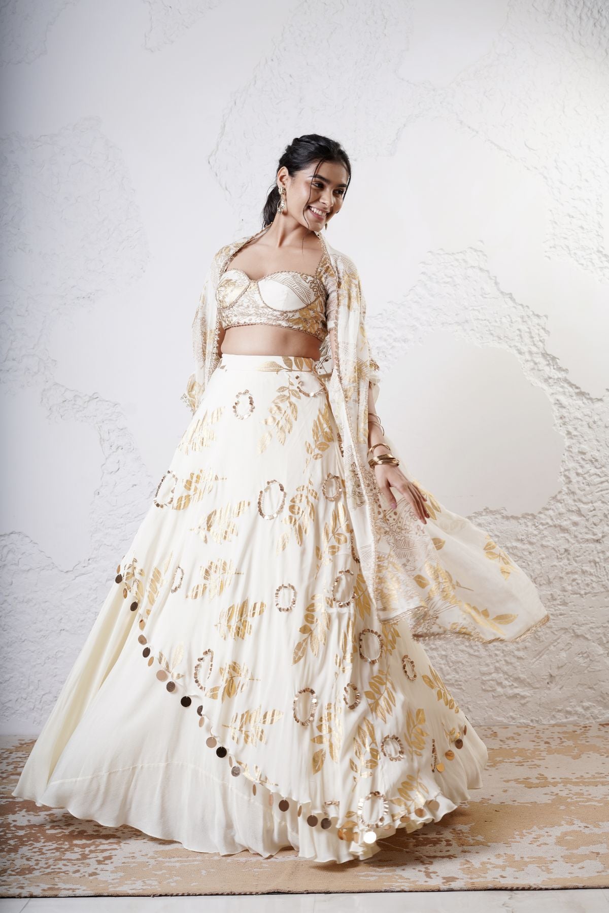 Layered Leaf Asymmetric Lehenga with Foil Choli and Foil Dupatta