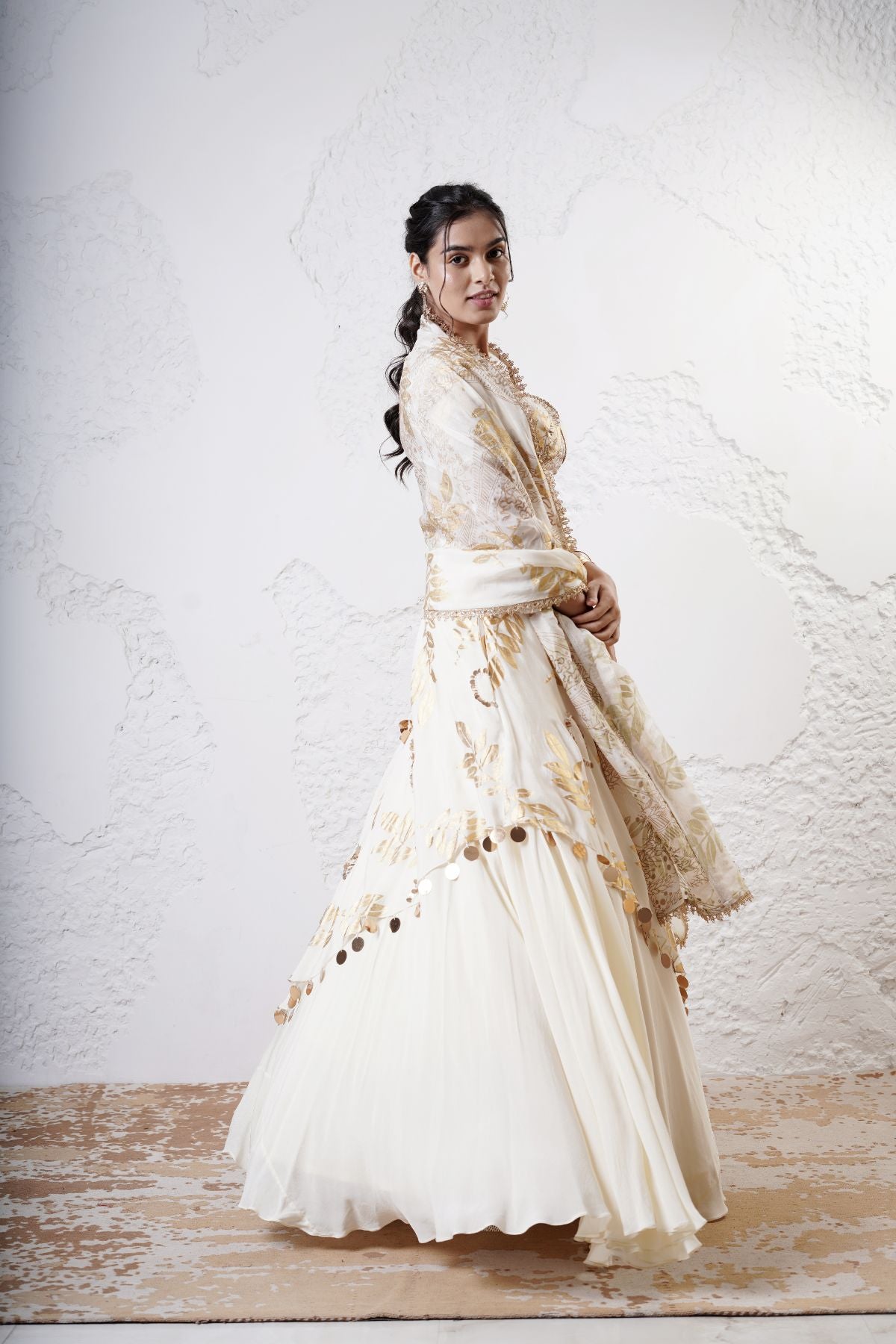 Layered Leaf Asymmetric Lehenga with Foil Choli and Foil Dupatta