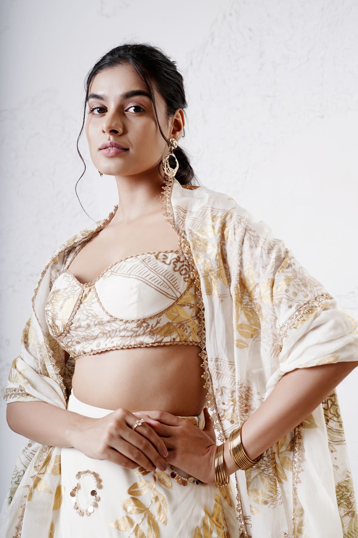 Layered Leaf Asymmetric Lehenga with Foil Choli and Foil Dupatta