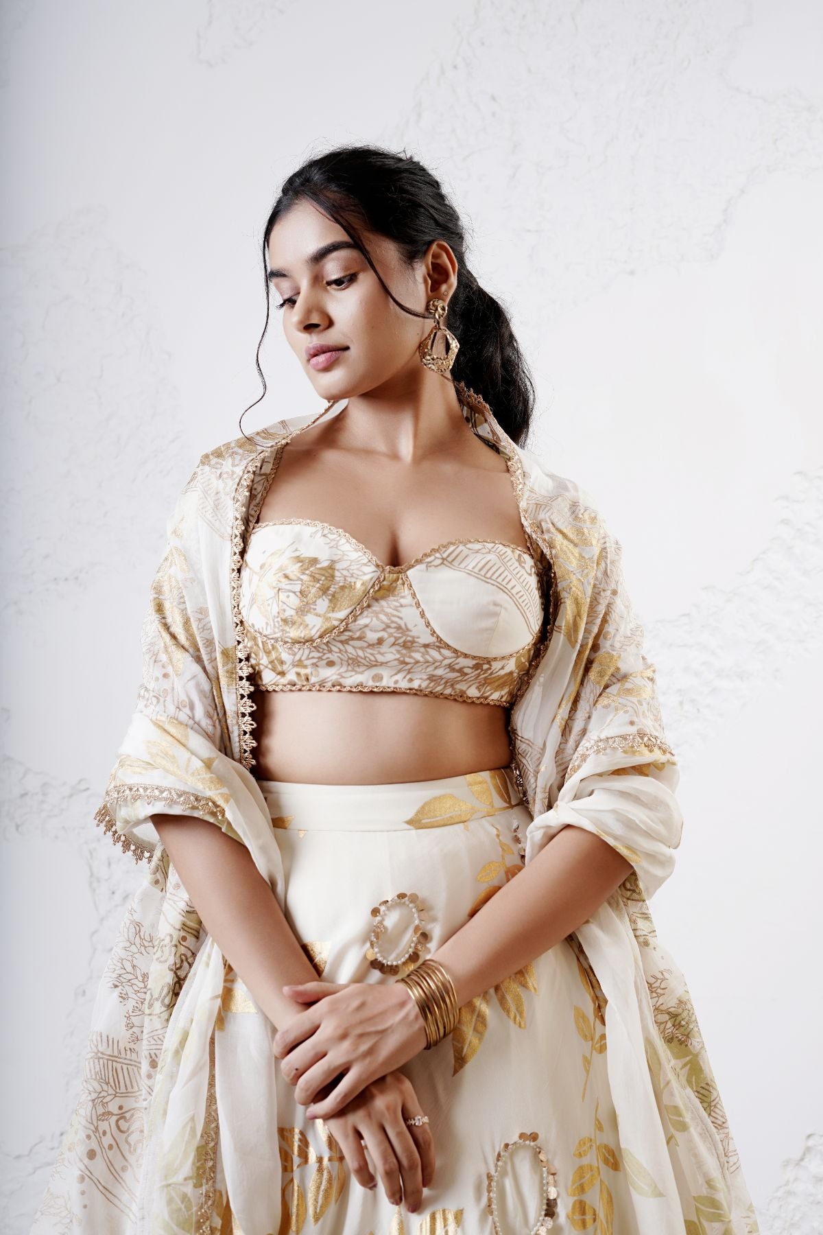 Layered Leaf Asymmetric Lehenga with Foil Choli and Foil Dupatta