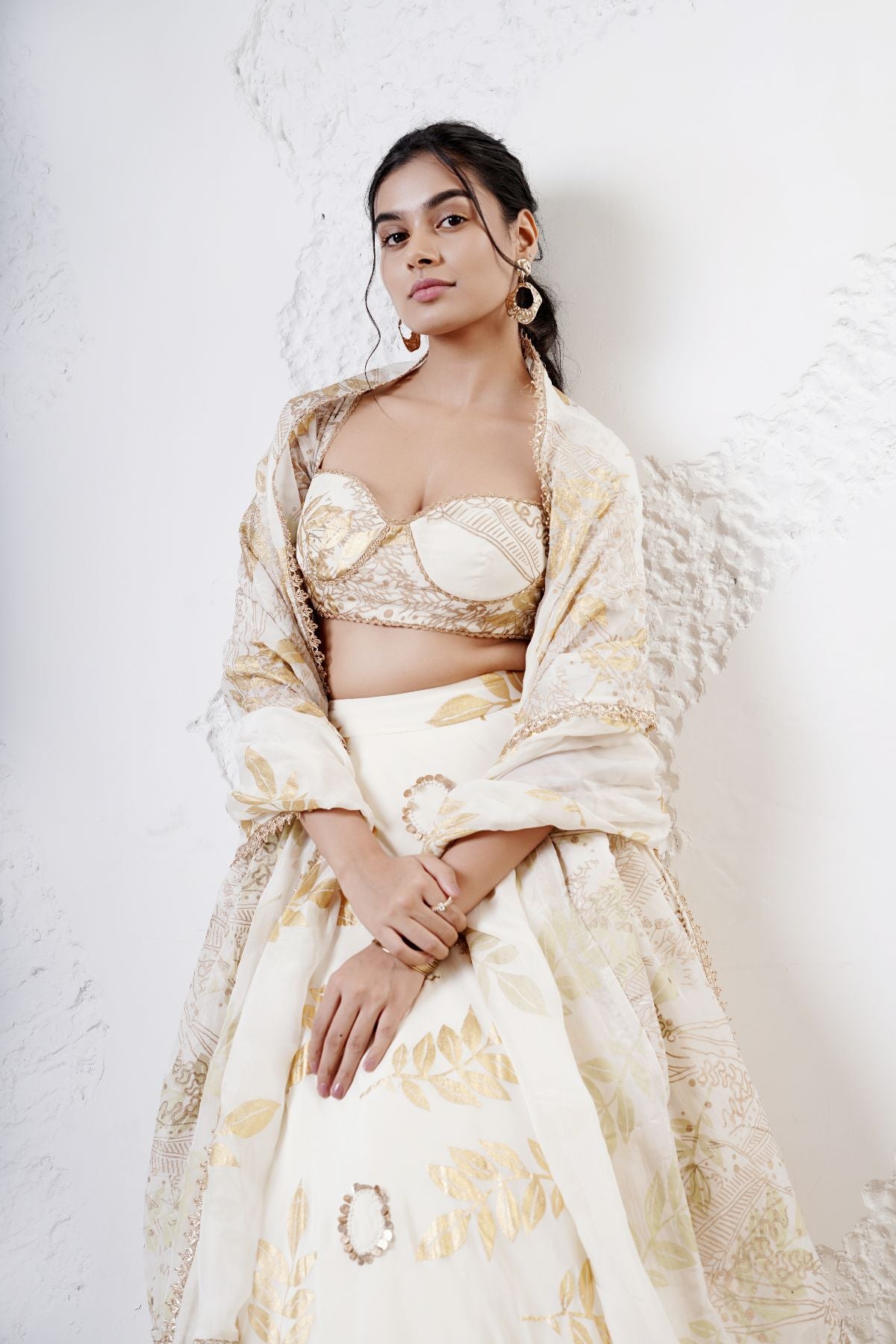 Layered Leaf Asymmetric Lehenga with Foil Choli and Foil Dupatta