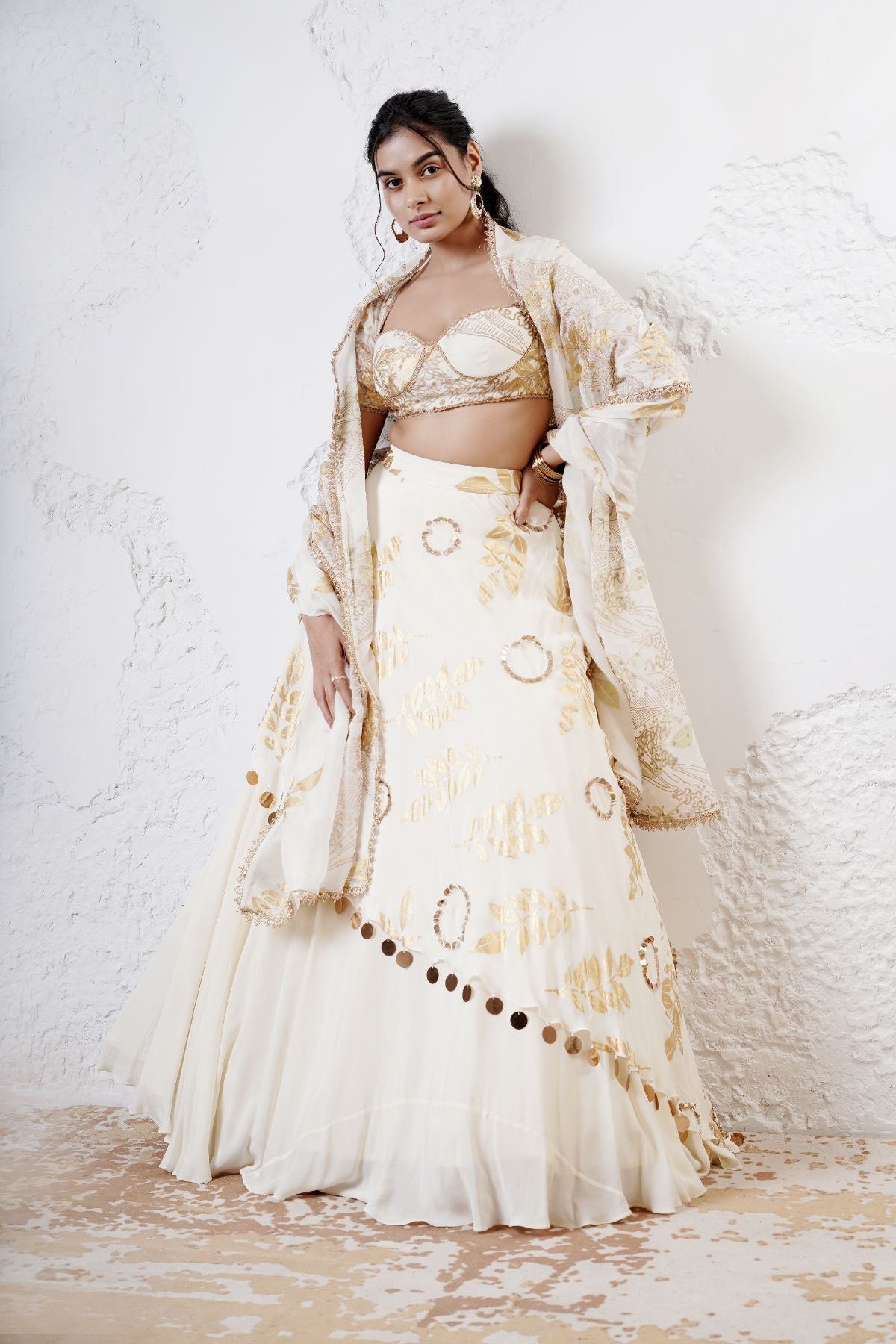 Layered Leaf Asymmetric Lehenga with Foil Choli and Foil Dupatta