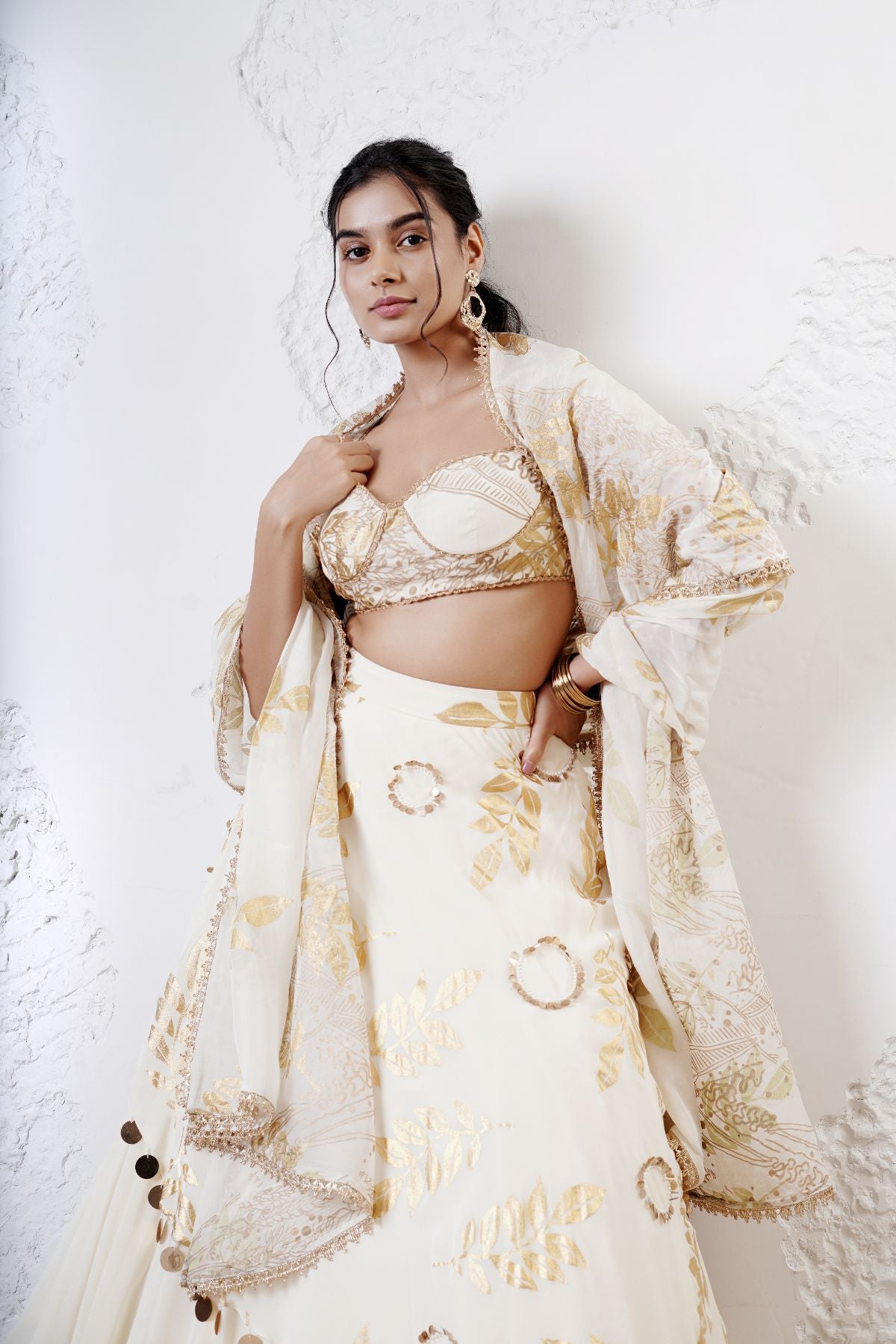 Layered Leaf Asymmetric Lehenga with Foil Choli and Foil Dupatta