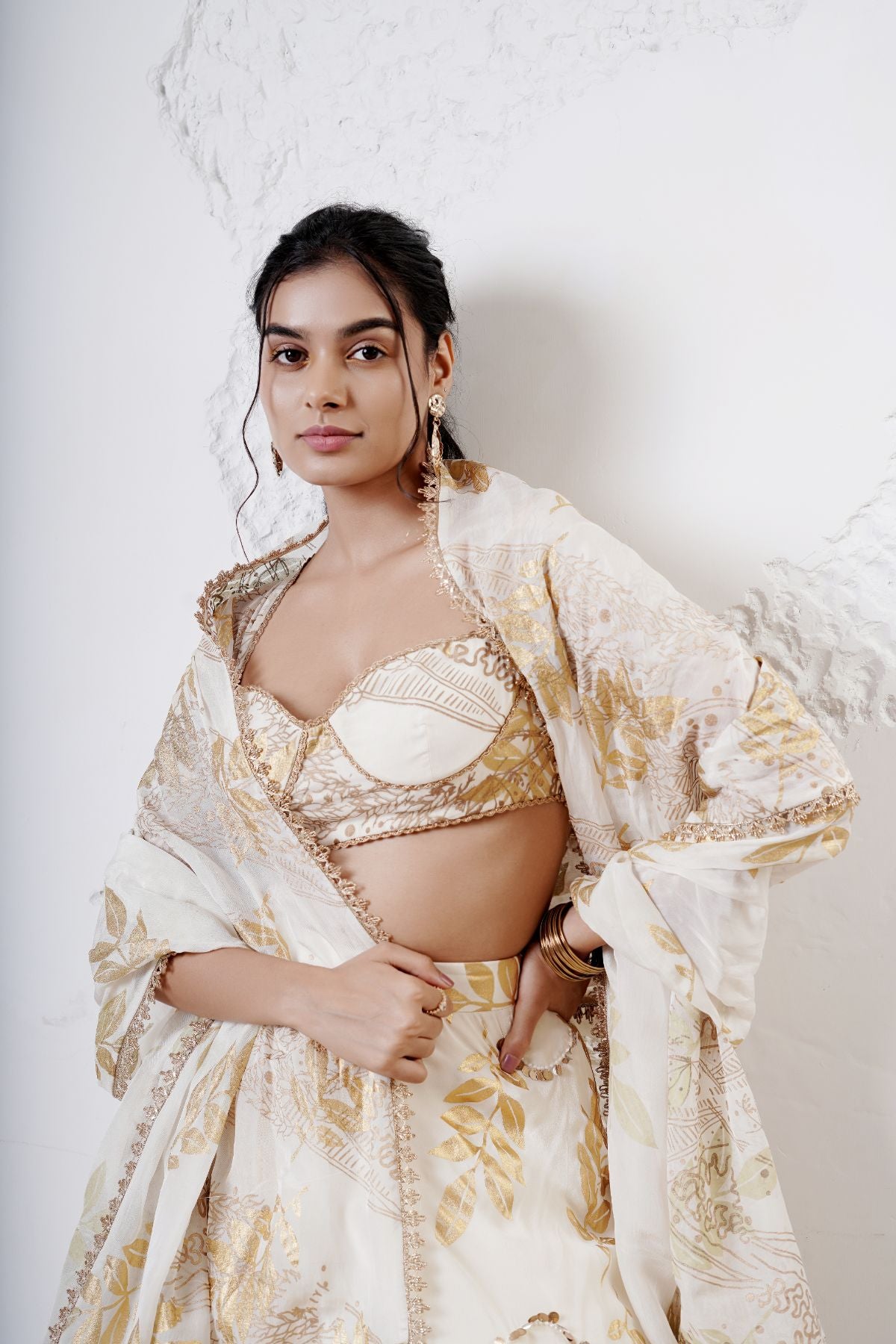 Layered Leaf Asymmetric Lehenga with Foil Choli and Foil Dupatta