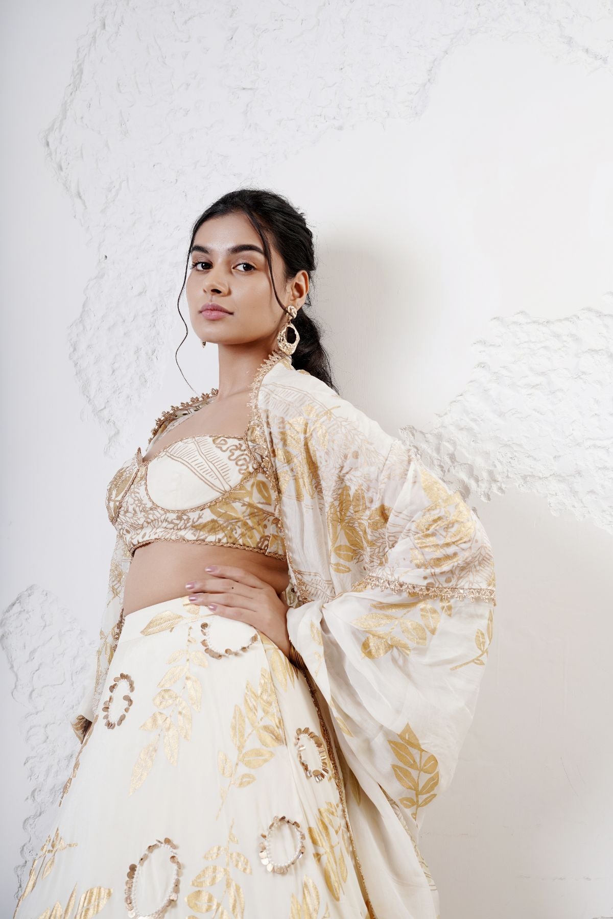 Layered Leaf Asymmetric Lehenga with Foil Choli and Foil Dupatta