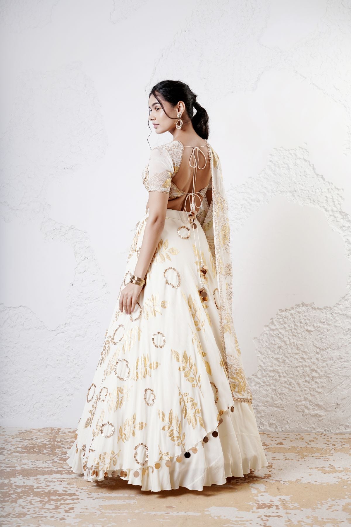 Layered Leaf Asymmetric Lehenga with Foil Choli and Foil Dupatta