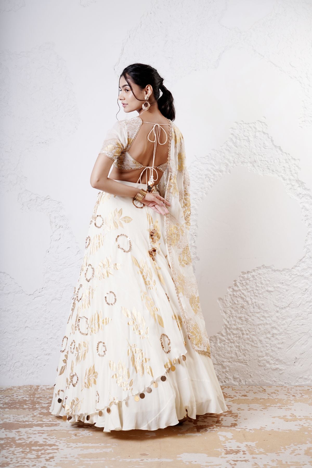 Layered Leaf Asymmetric Lehenga with Foil Choli and Foil Dupatta