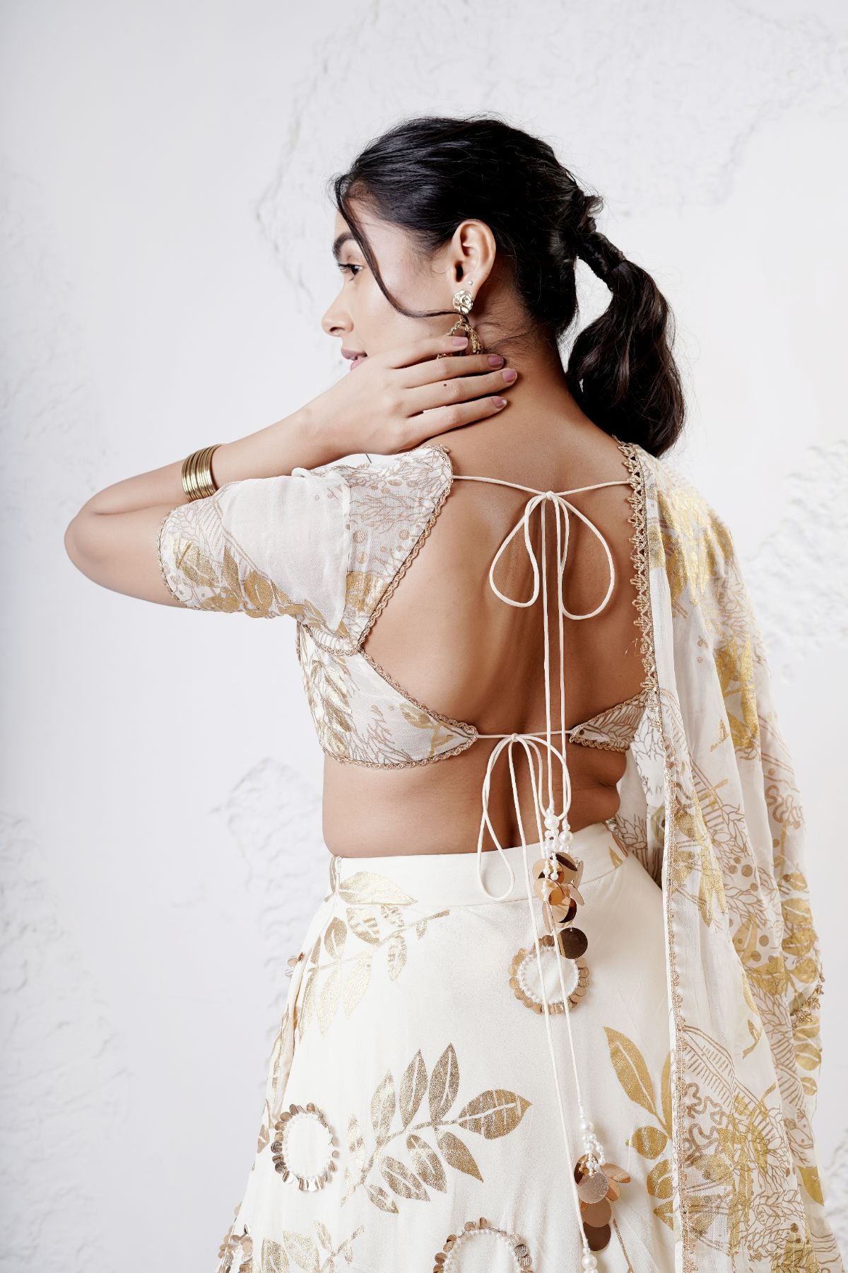 Layered Leaf Asymmetric Lehenga with Foil Choli and Foil Dupatta