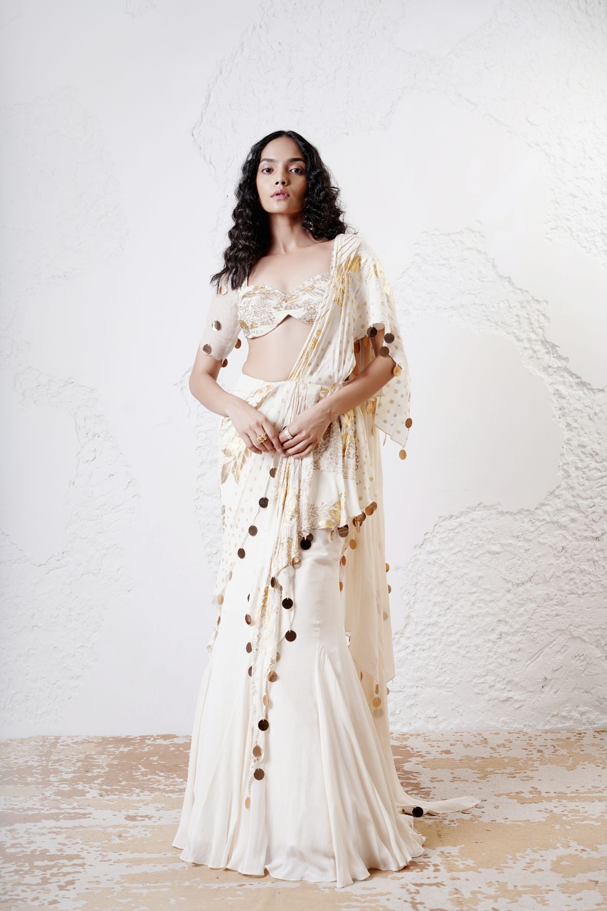 Foil Draped Saree with Ruched Blouse